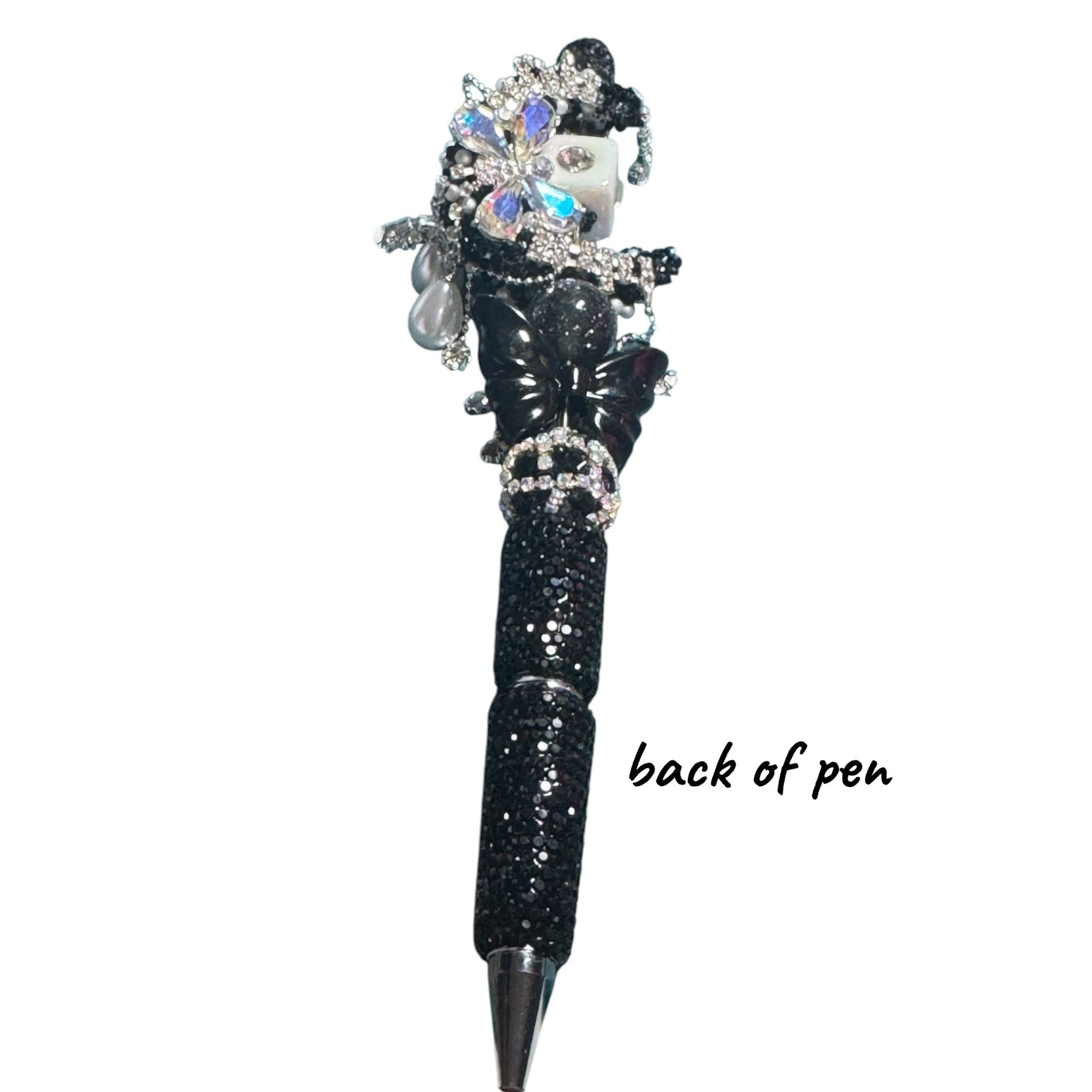 Luxury Crystal Butterfly & Pearl Embellished Black Ballpoint Pen For Elegant Writing & Gifting