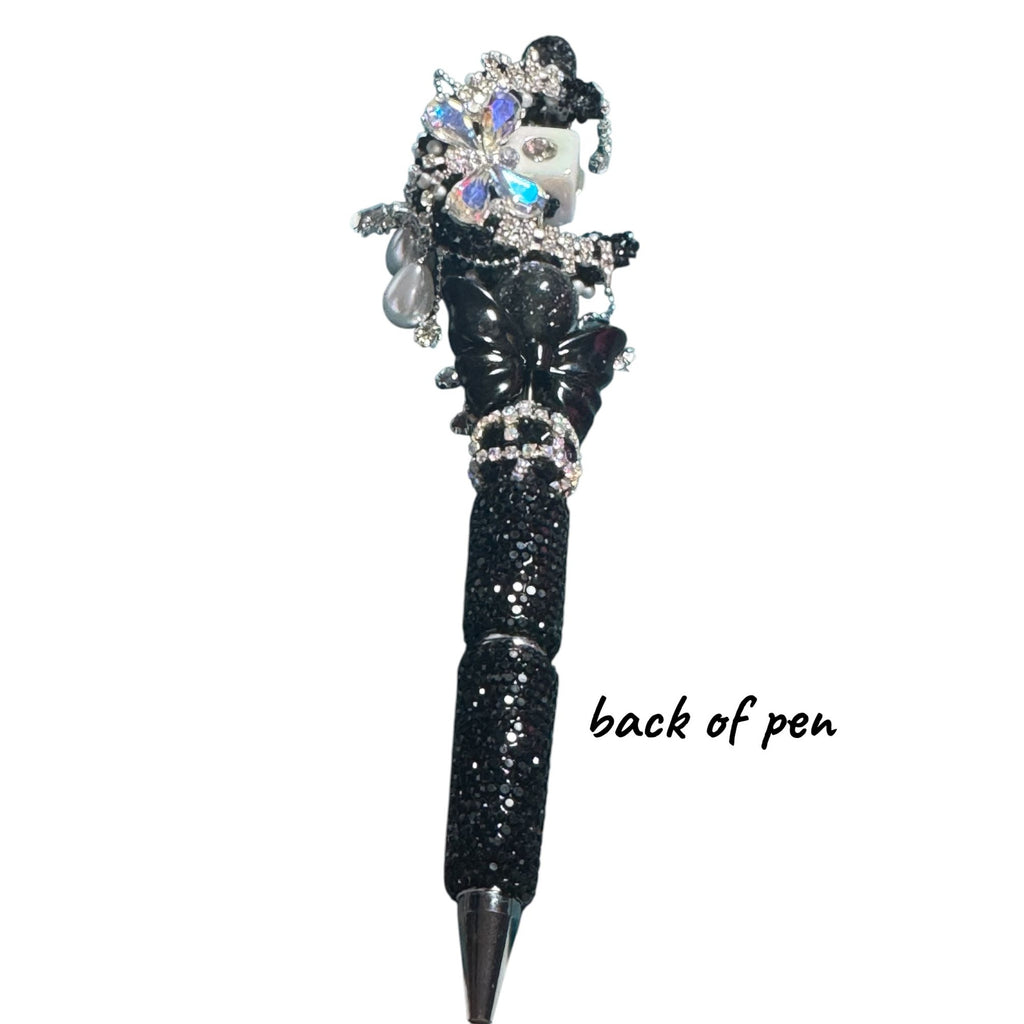 Luxury Crystal Butterfly & Pearl Embellished Black Ballpoint Pen For Elegant Writing & Gifting