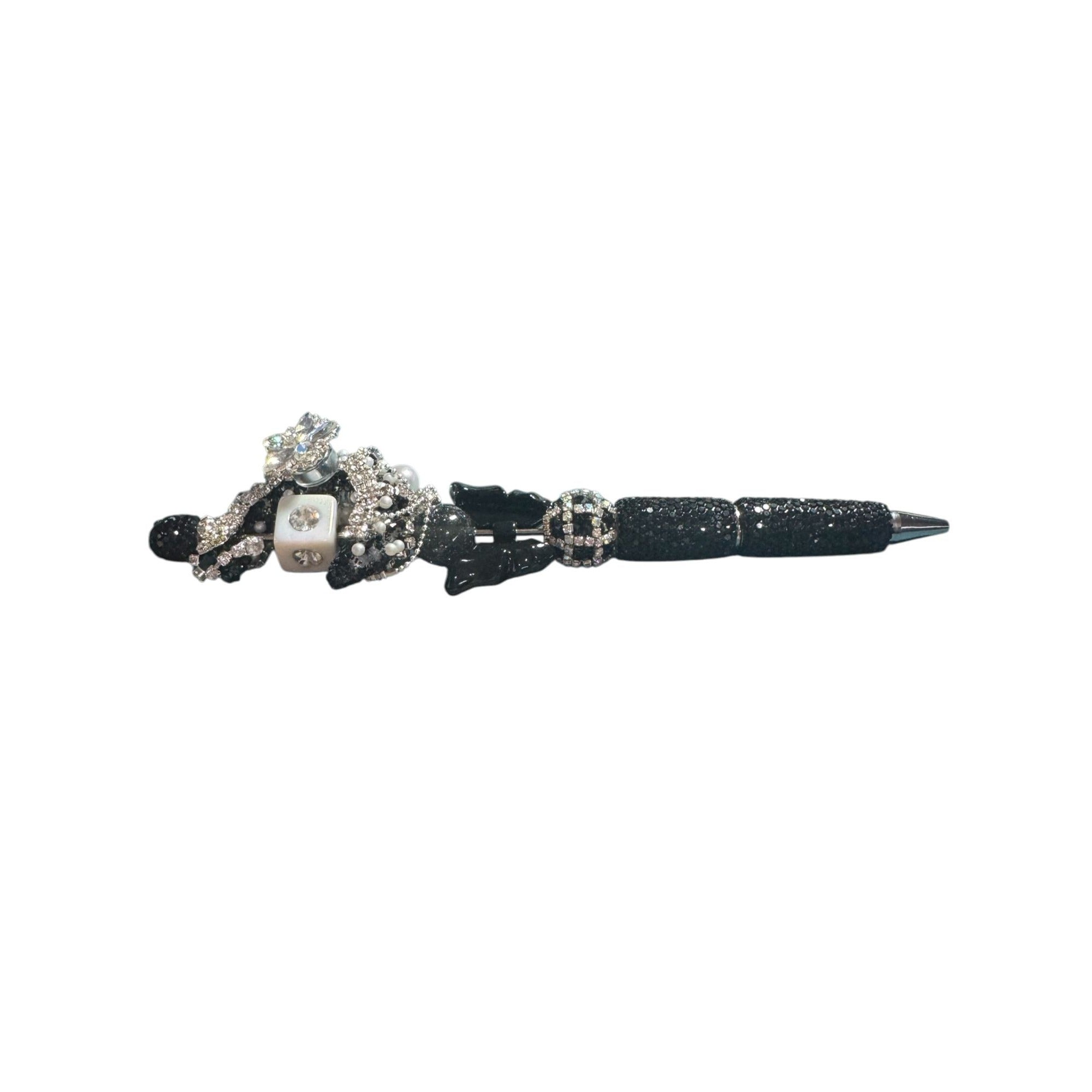 Luxury Crystal Butterfly & Pearl Embellished Black Ballpoint Pen For Elegant Writing & Gifting