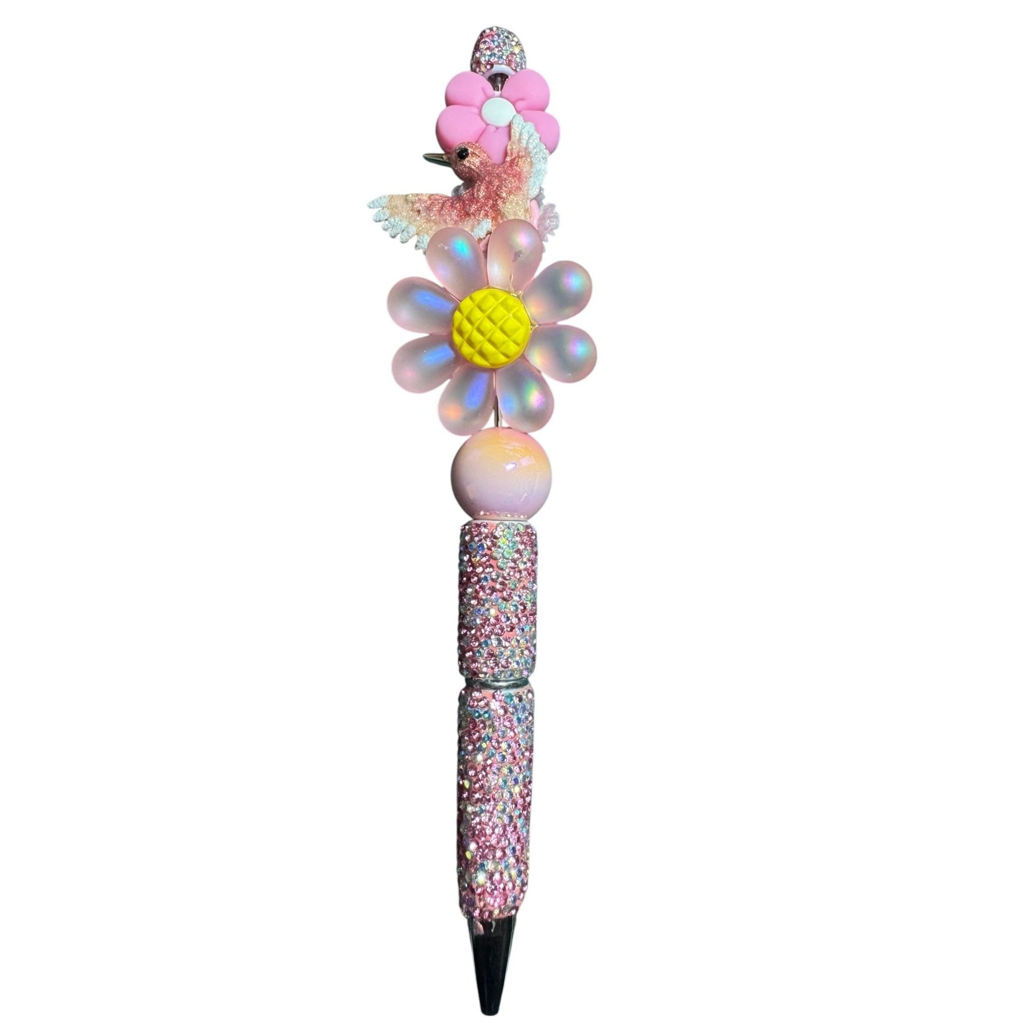 Hummingbird & Floral Glitter Pen - Pink & Yellow Beaded Desk Accessory For Writing Or Gifting