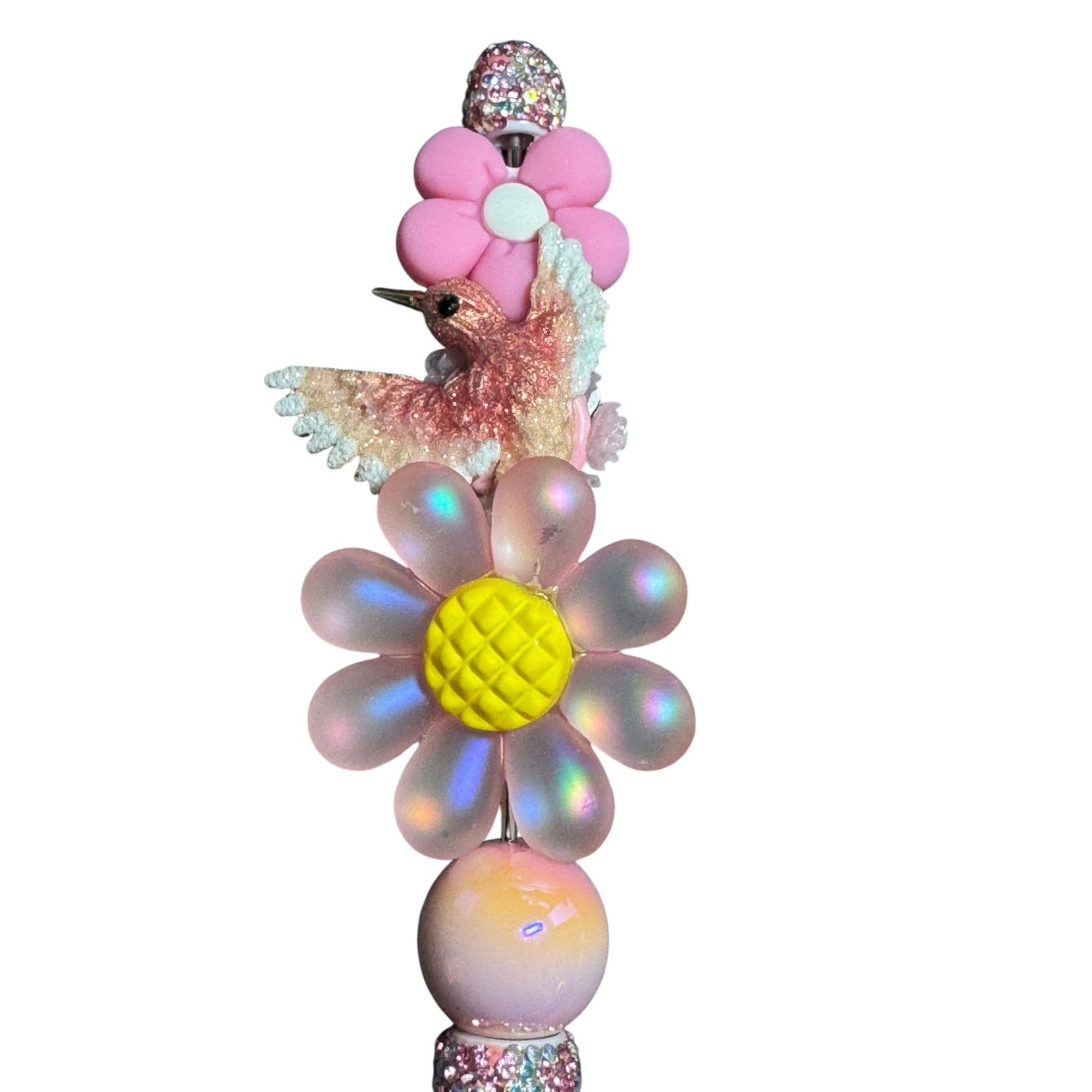Hummingbird & Floral Glitter Pen - Pink & Yellow Beaded Desk Accessory For Writing Or Gifting
