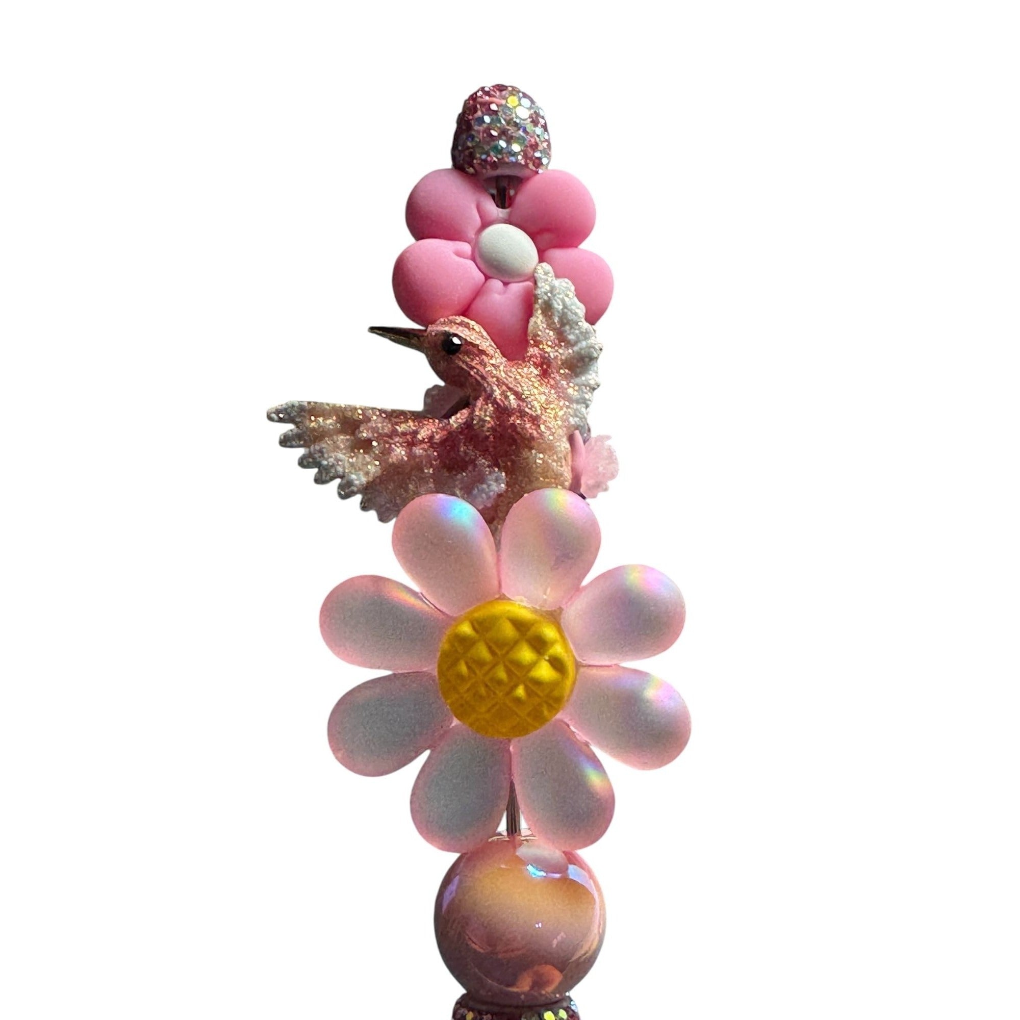 Hummingbird & Floral Glitter Pen - Pink & Yellow Beaded Desk Accessory For Writing Or Gifting