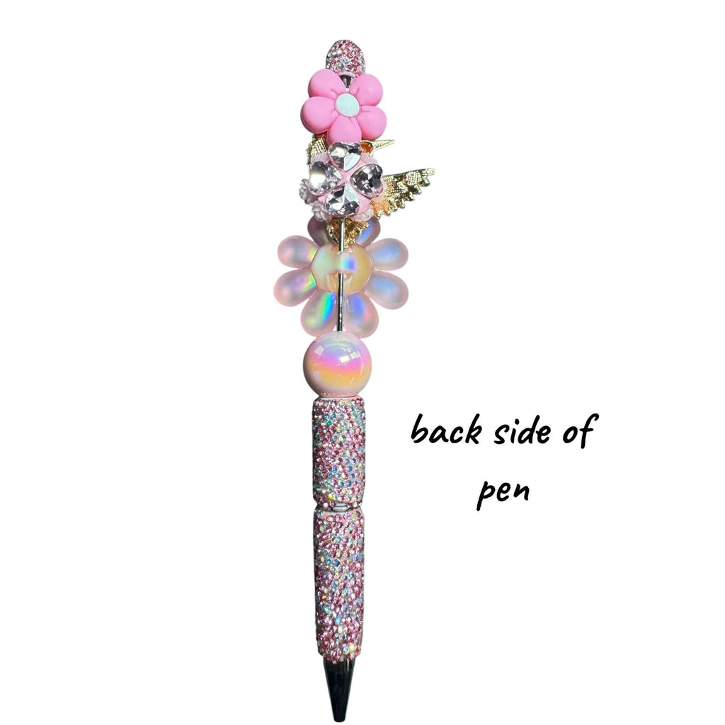 Hummingbird & Floral Glitter Pen - Pink & Yellow Beaded Desk Accessory For Writing Or Gifting
