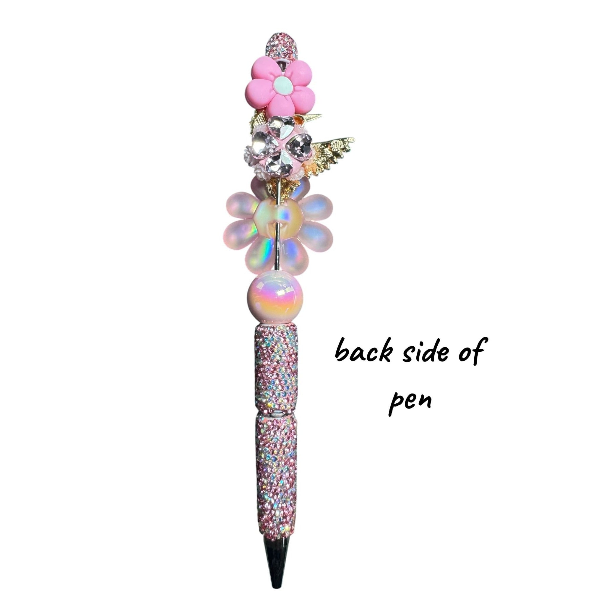 Hummingbird & Floral Glitter Pen - Pink & Yellow Beaded Desk Accessory For Writing Or Gifting