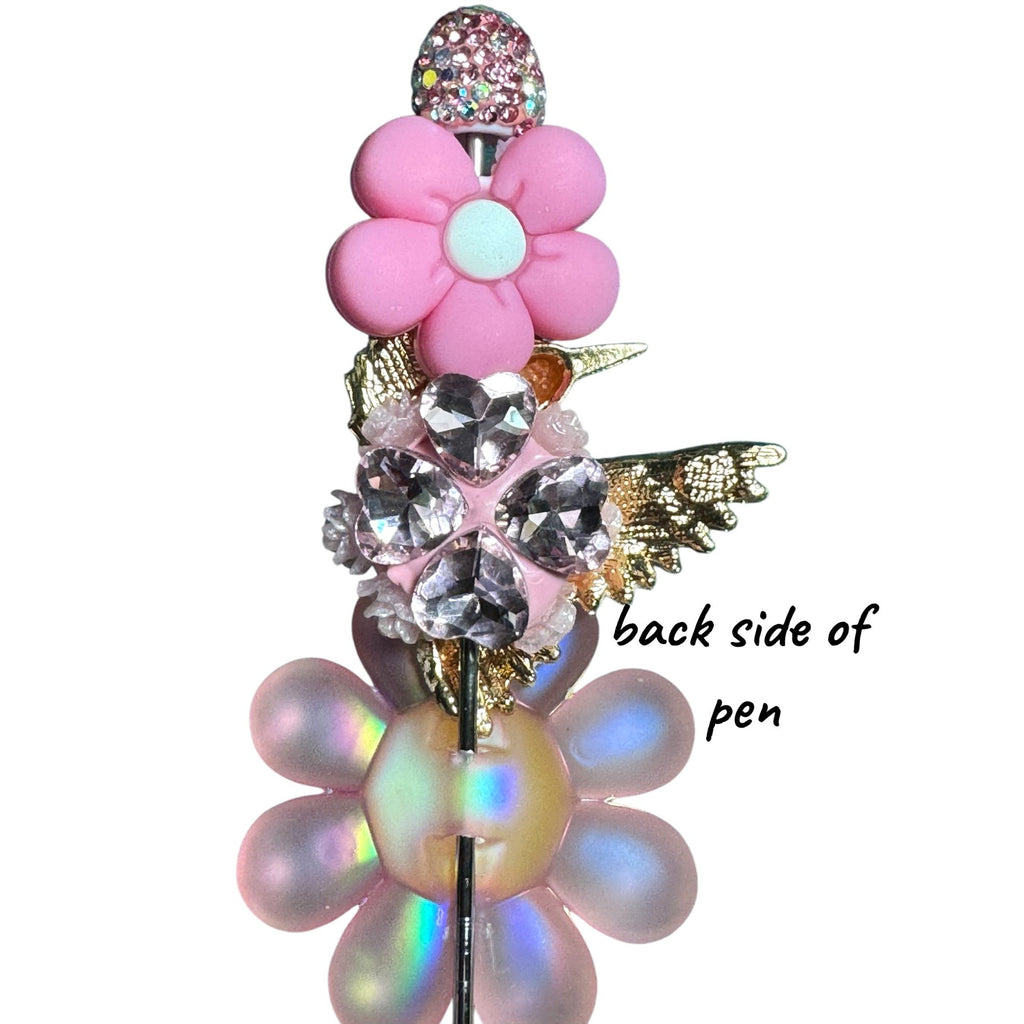 Hummingbird & Floral Glitter Pen - Pink & Yellow Beaded Desk Accessory For Writing Or Gifting
