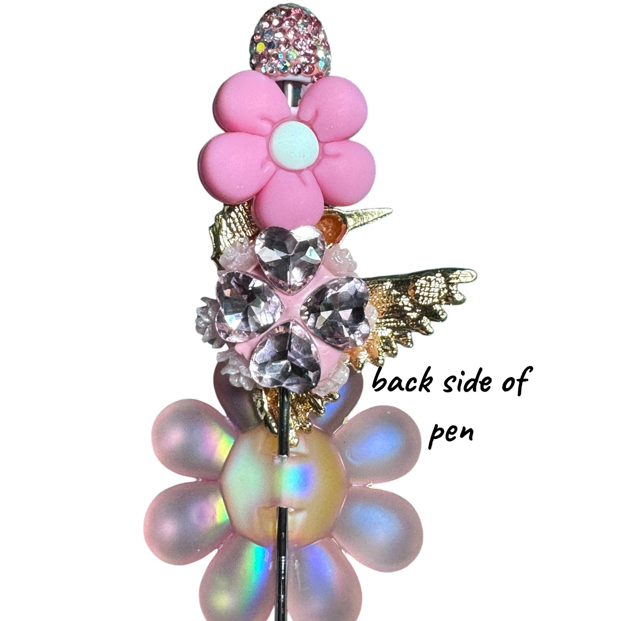 Hummingbird & Floral Glitter Pen - Pink & Yellow Beaded Desk Accessory For Writing Or Gifting