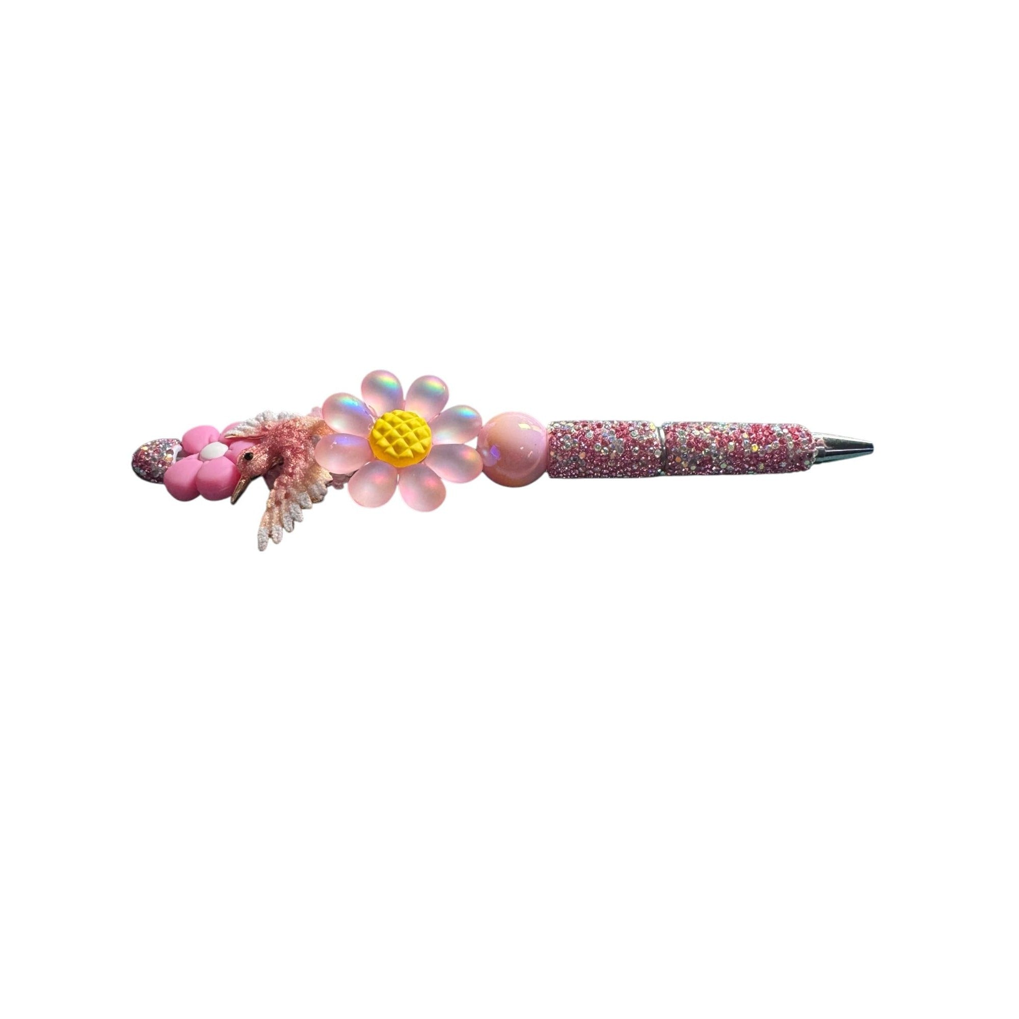 Hummingbird & Floral Glitter Pen - Pink & Yellow Beaded Desk Accessory For Writing Or Gifting