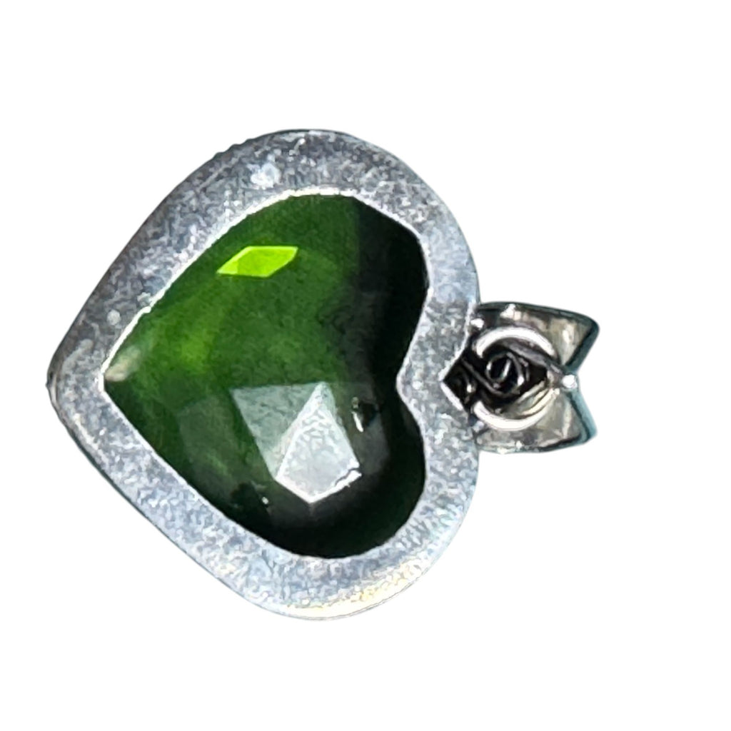 Sterling Silver 925 Heart Pendant Deep Green Faceted Glass Stone Ornate Vintage Style Design