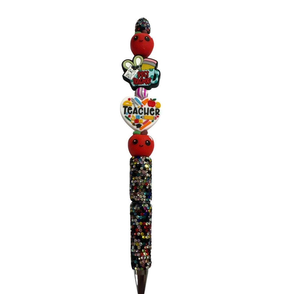 Teacher Appreciation Beaded Pen With Apple & Heart Accents Rhinestone Handle Best Teacher Gift Idea