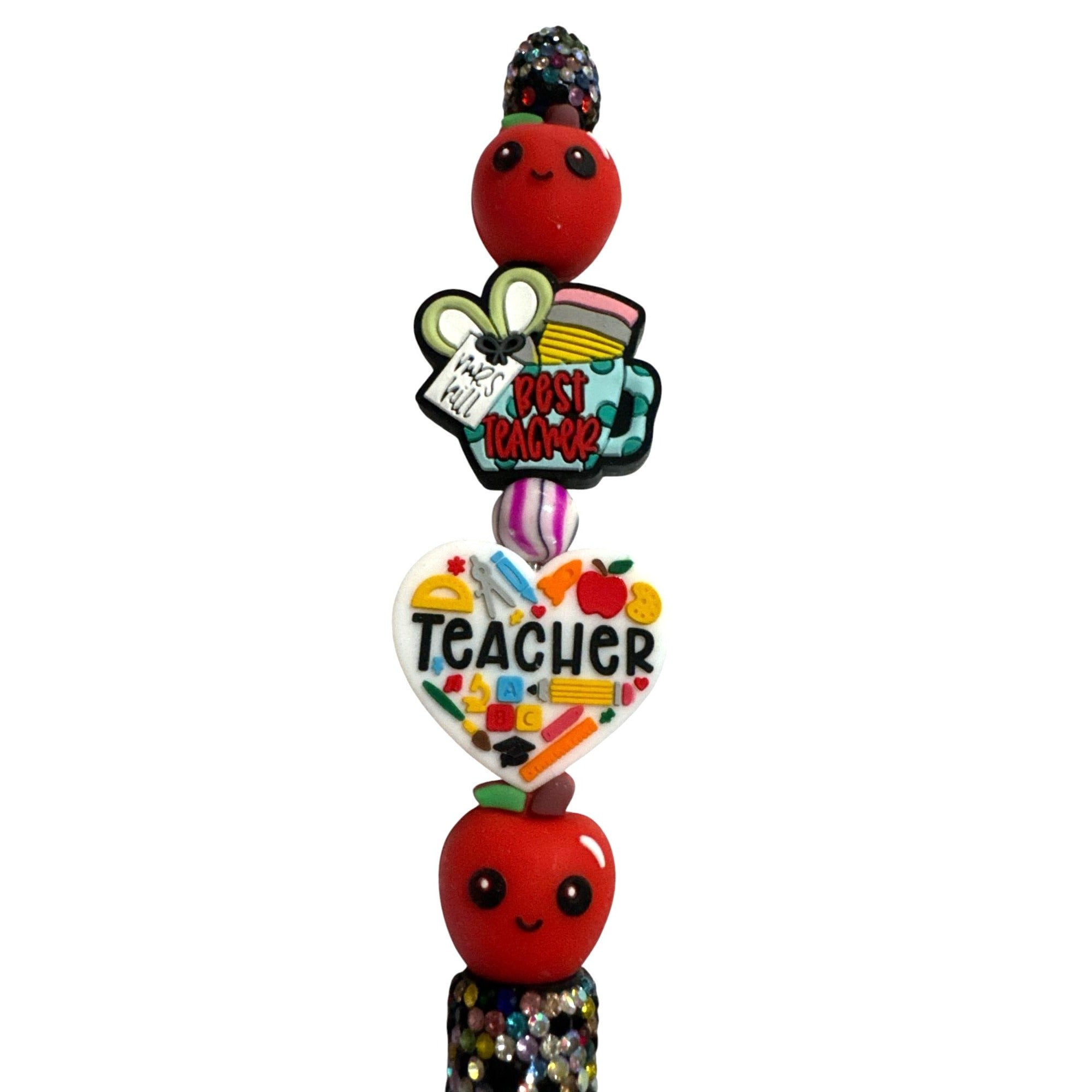 Teacher Appreciation Beaded Pen With Apple & Heart Accents Rhinestone Handle Best Teacher Gift Idea