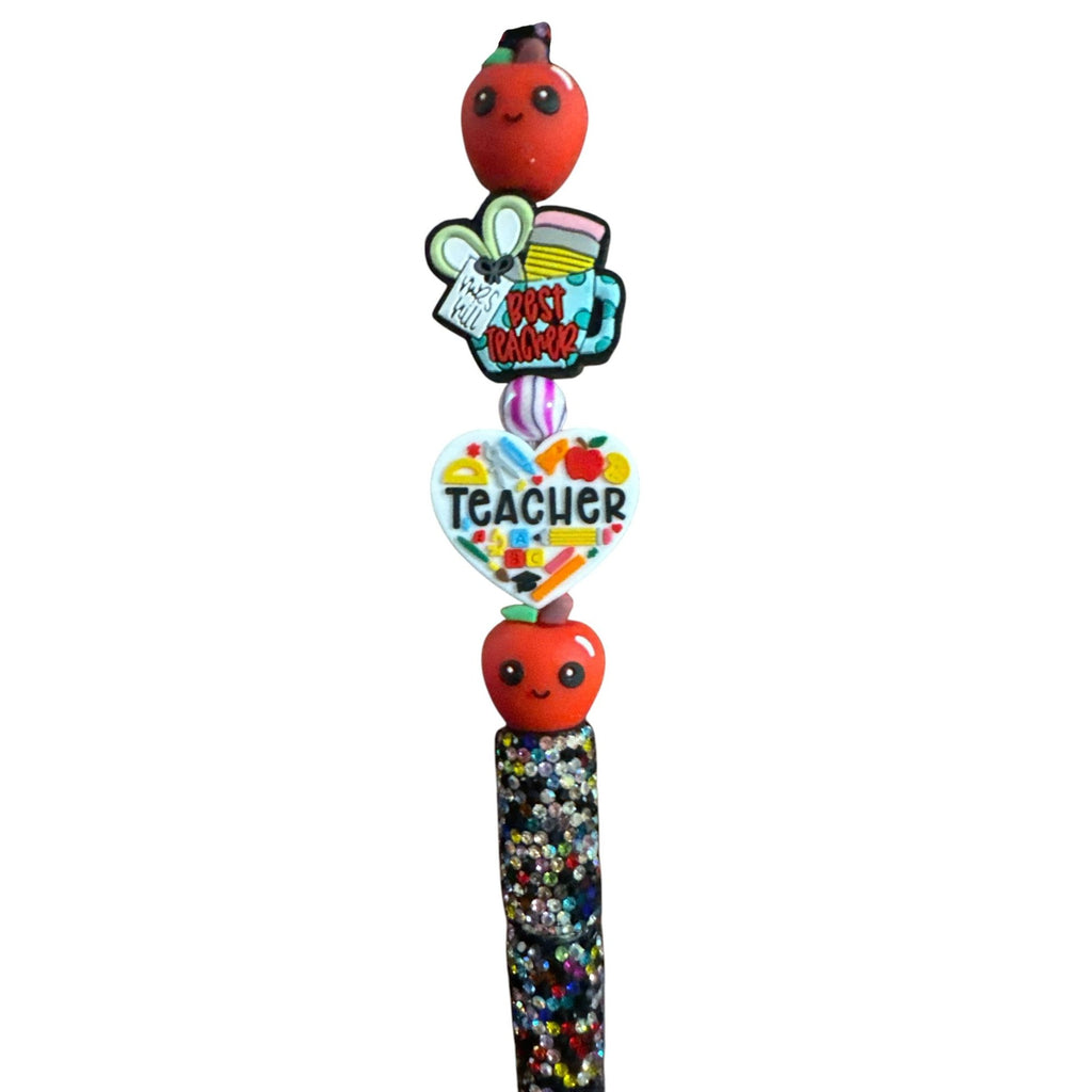 Teacher Appreciation Beaded Pen With Apple & Heart Accents Rhinestone Handle Best Teacher Gift Idea