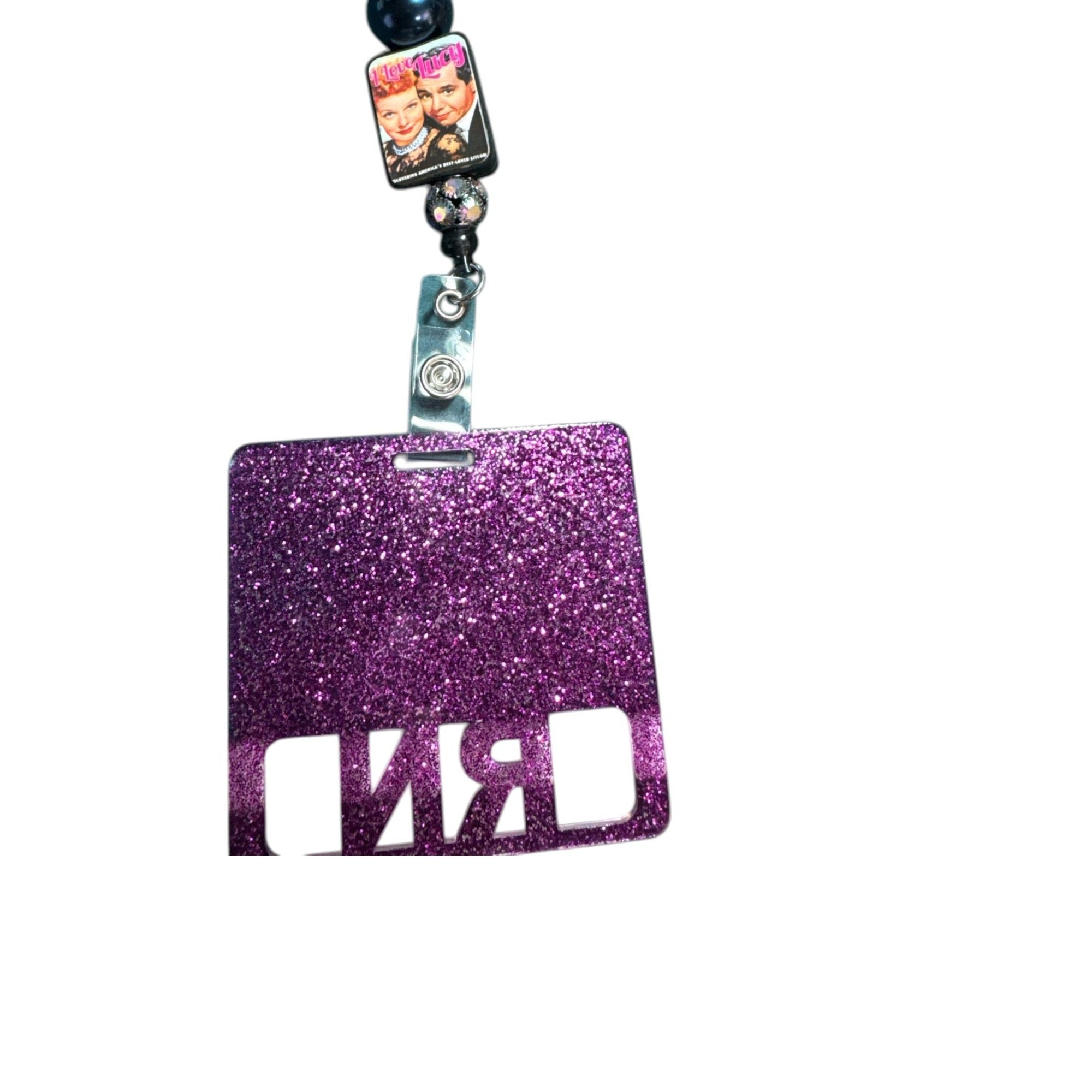 Purple Glitter RN lanyard Badge Reel with Retro "I Love Lucy" Charm