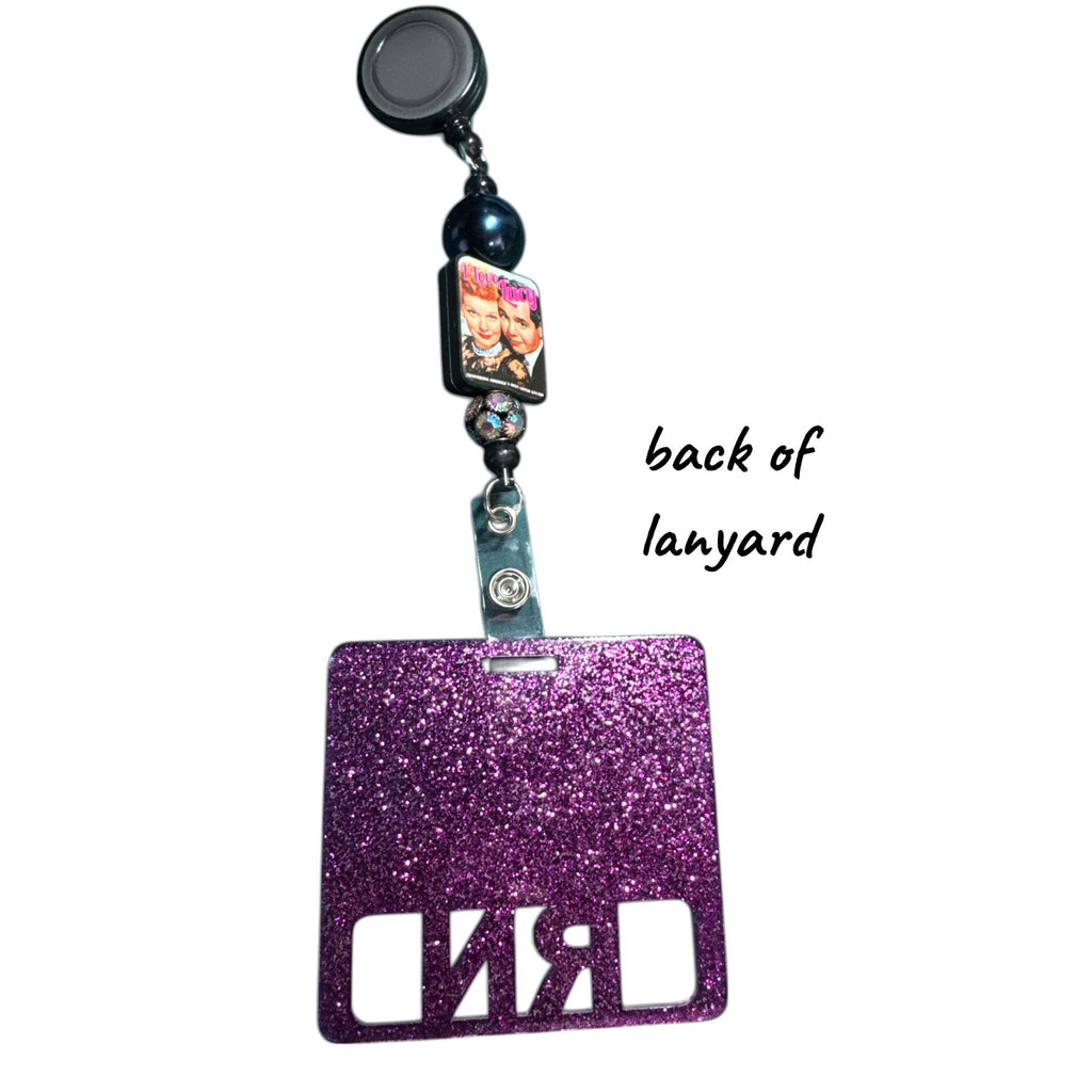 Purple Glitter RN lanyard Badge Reel with Retro "I Love Lucy" Charm