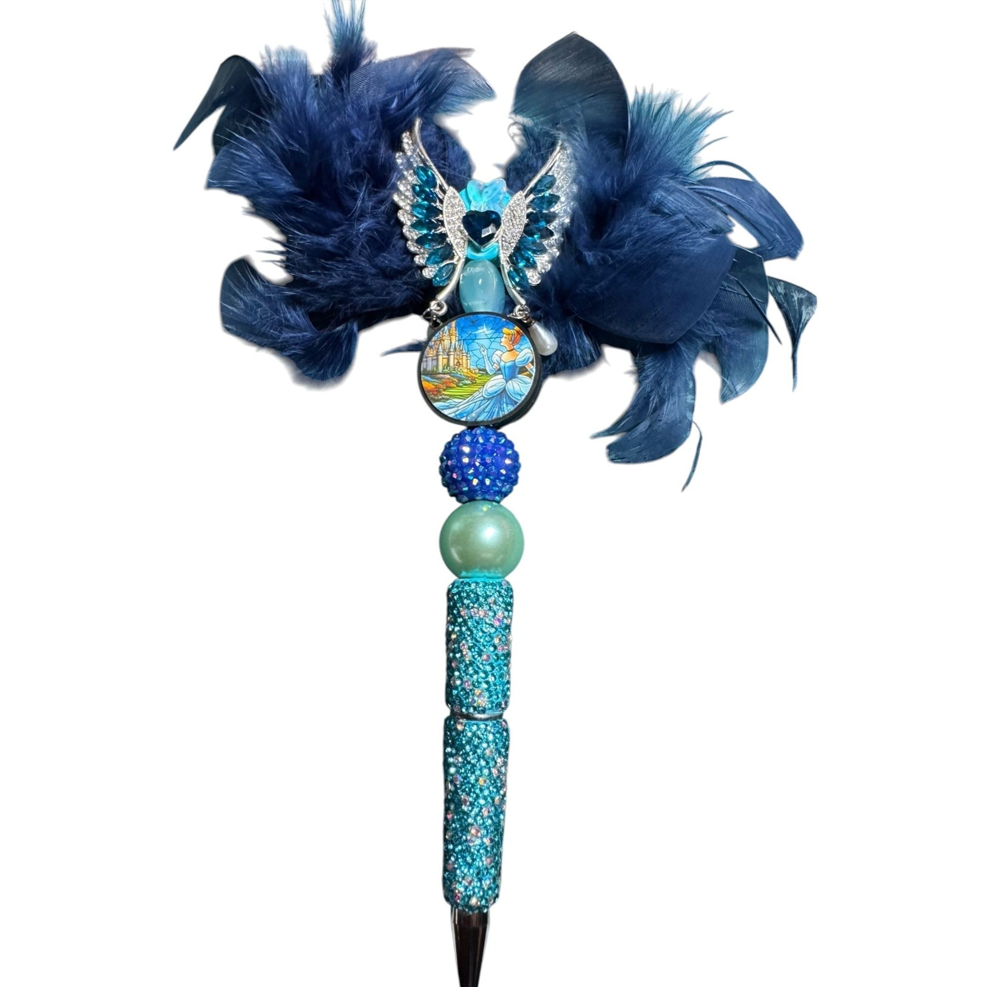 Cinderella-Themed Decorative Feather Pen With Rhinestones & Beads Blue & Silver Colors Unique Writing Gift For Journaling Or Office Use