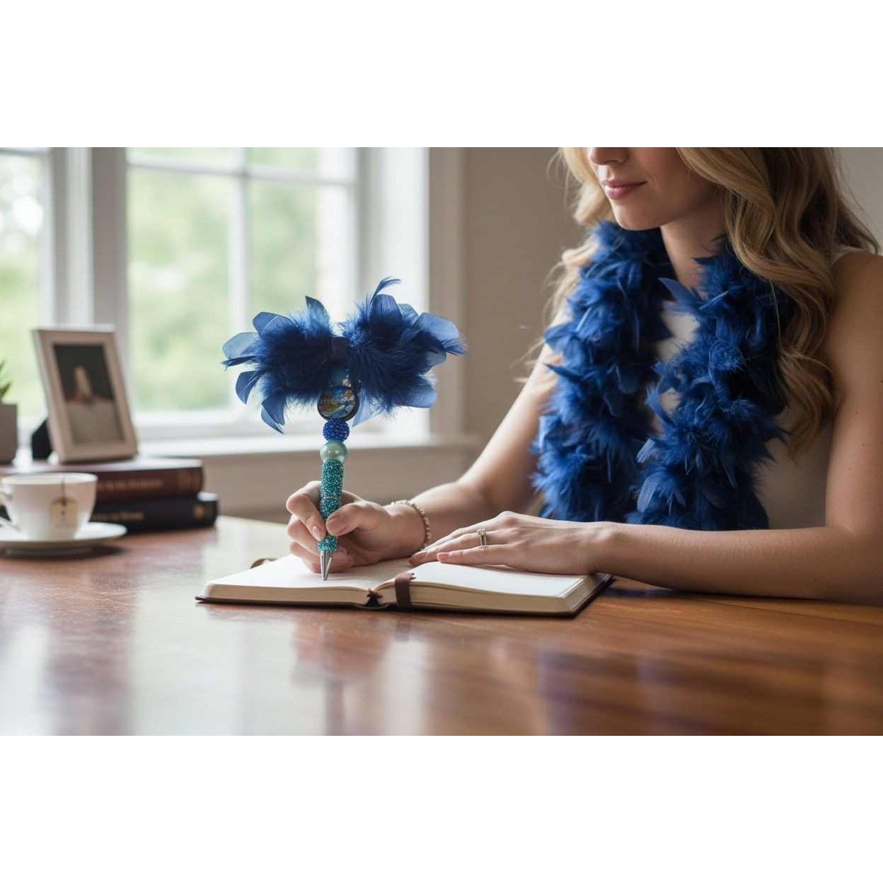 Cinderella-Themed Decorative Feather Pen With Rhinestones & Beads Blue & Silver Colors Unique Writing Gift For Journaling Or Office Use
