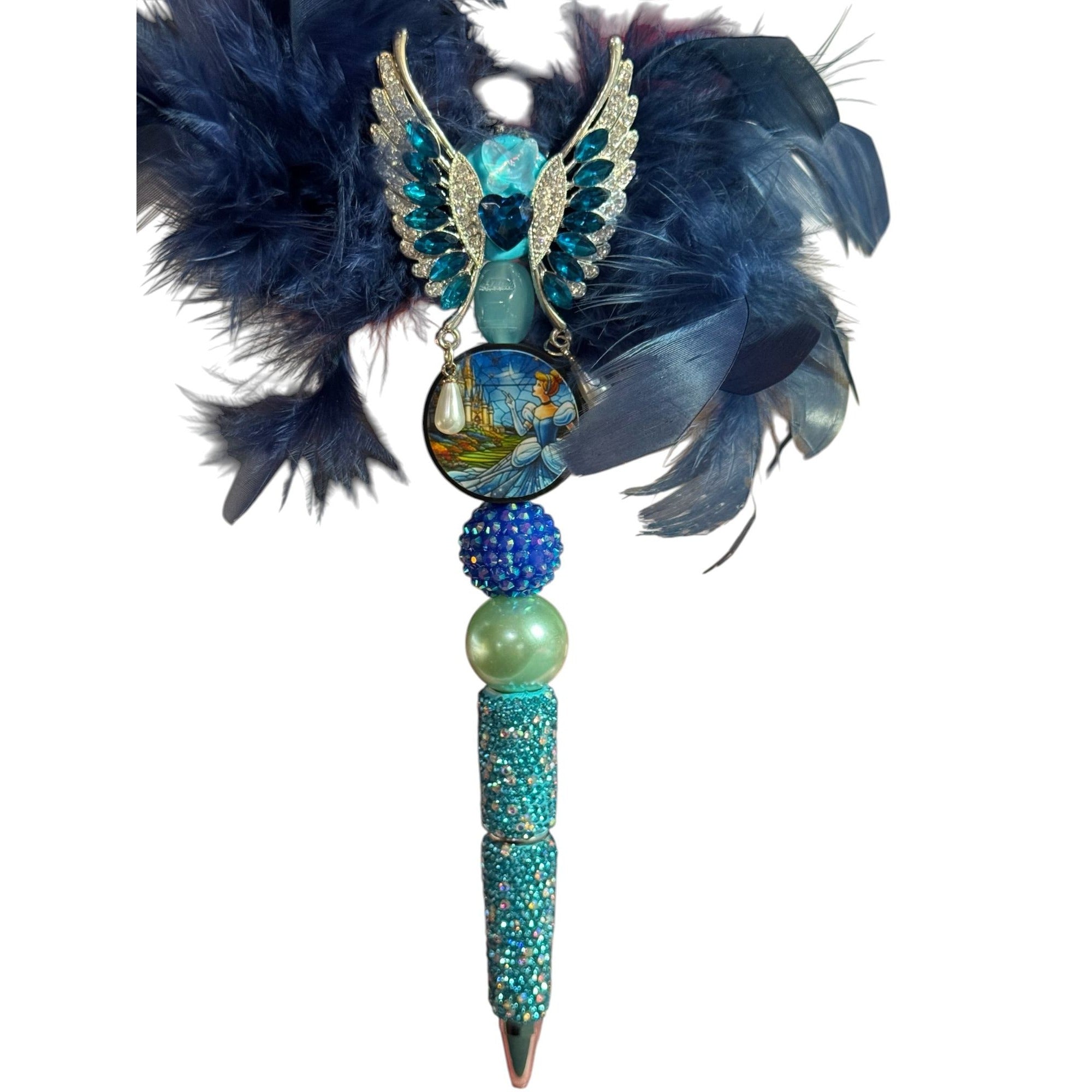 Cinderella-Themed Decorative Feather Pen With Rhinestones & Beads Blue & Silver Colors Unique Writing Gift For Journaling Or Office Use