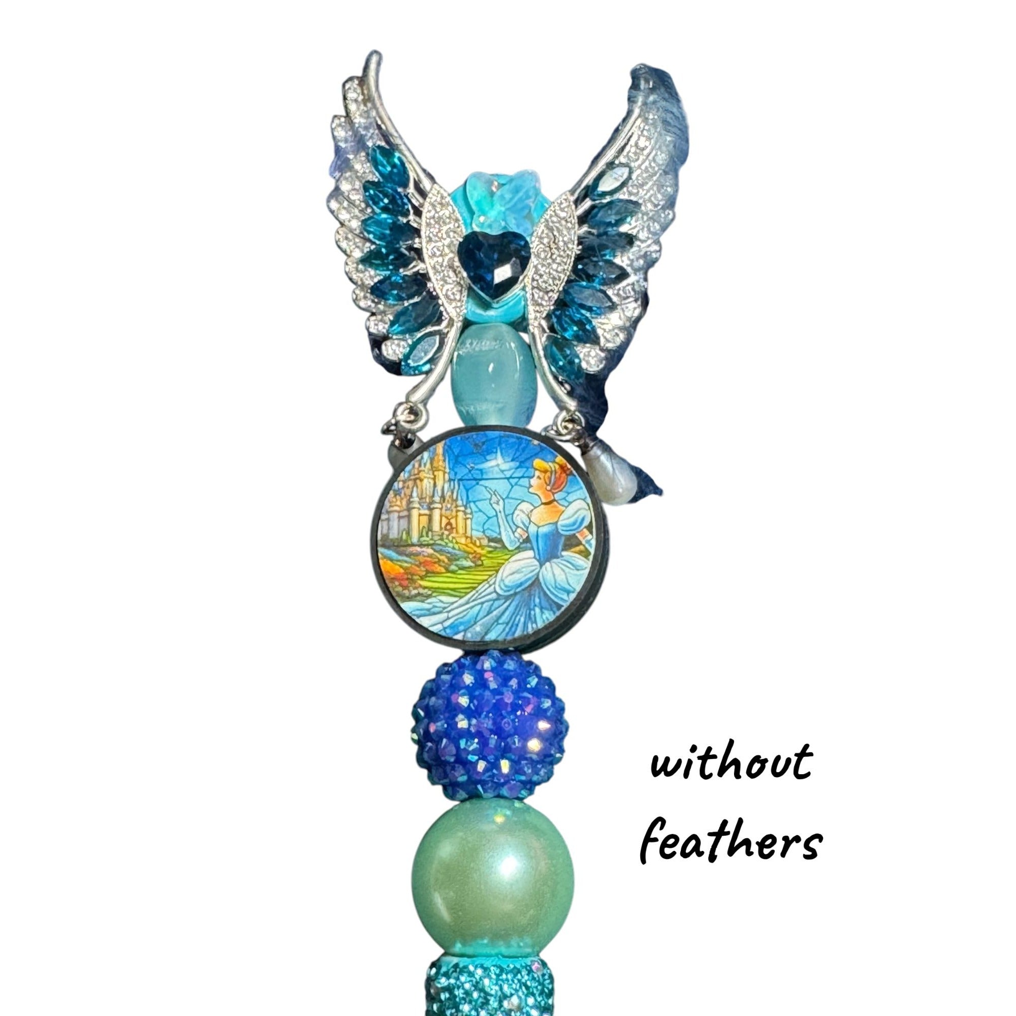 Cinderella-Themed Decorative Feather Pen With Rhinestones & Beads Blue & Silver Colors Unique Writing Gift For Journaling Or Office Use