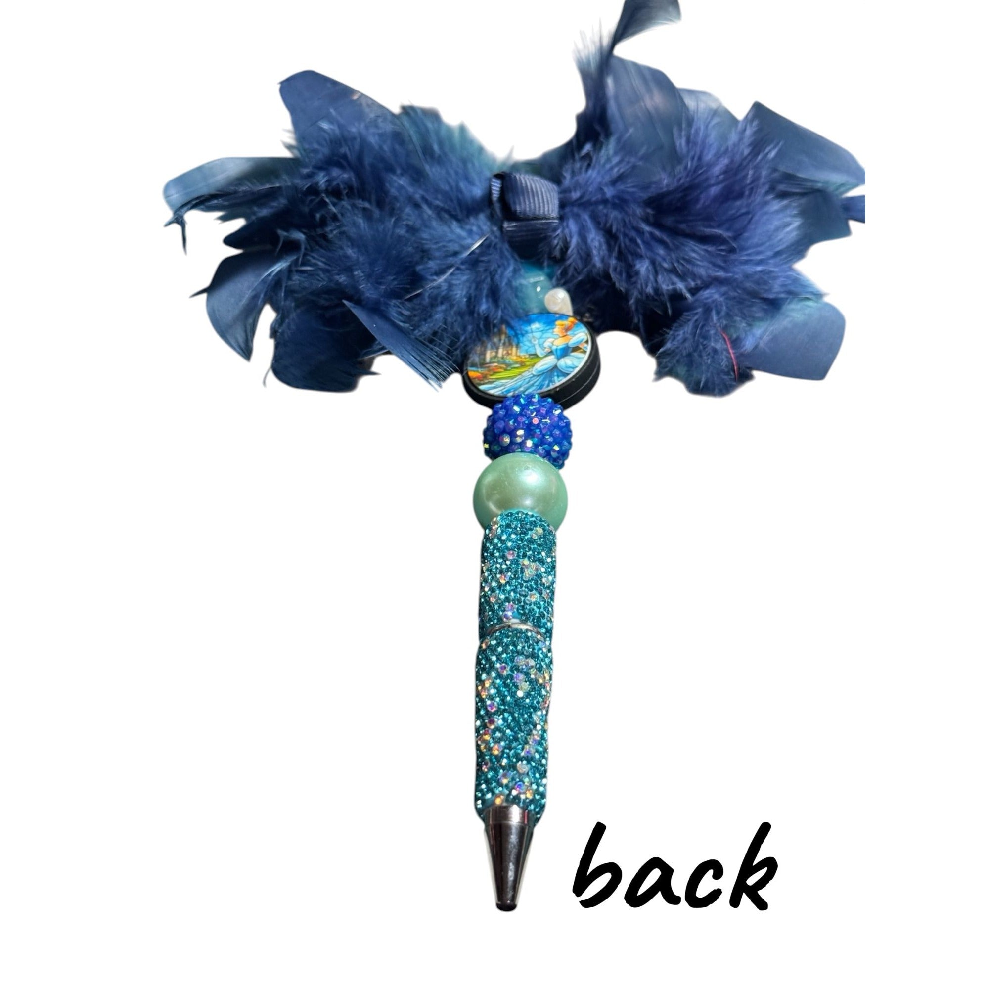 Cinderella-Themed Decorative Feather Pen With Rhinestones & Beads Blue & Silver Colors Unique Writing Gift For Journaling Or Office Use