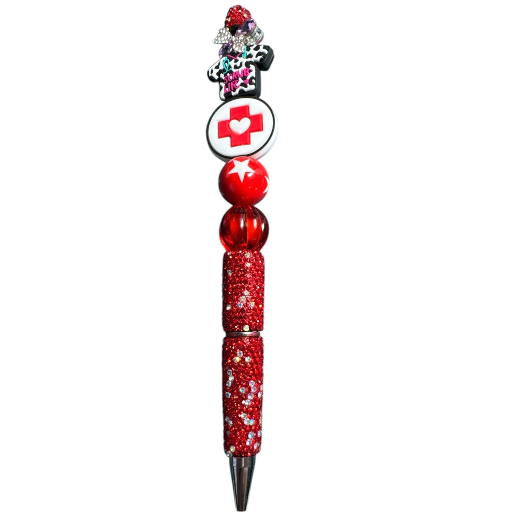 Nurse-Themed Red Rhinestone Ballpoint Pen With "Scrub Life" Charm & Beaded Design
