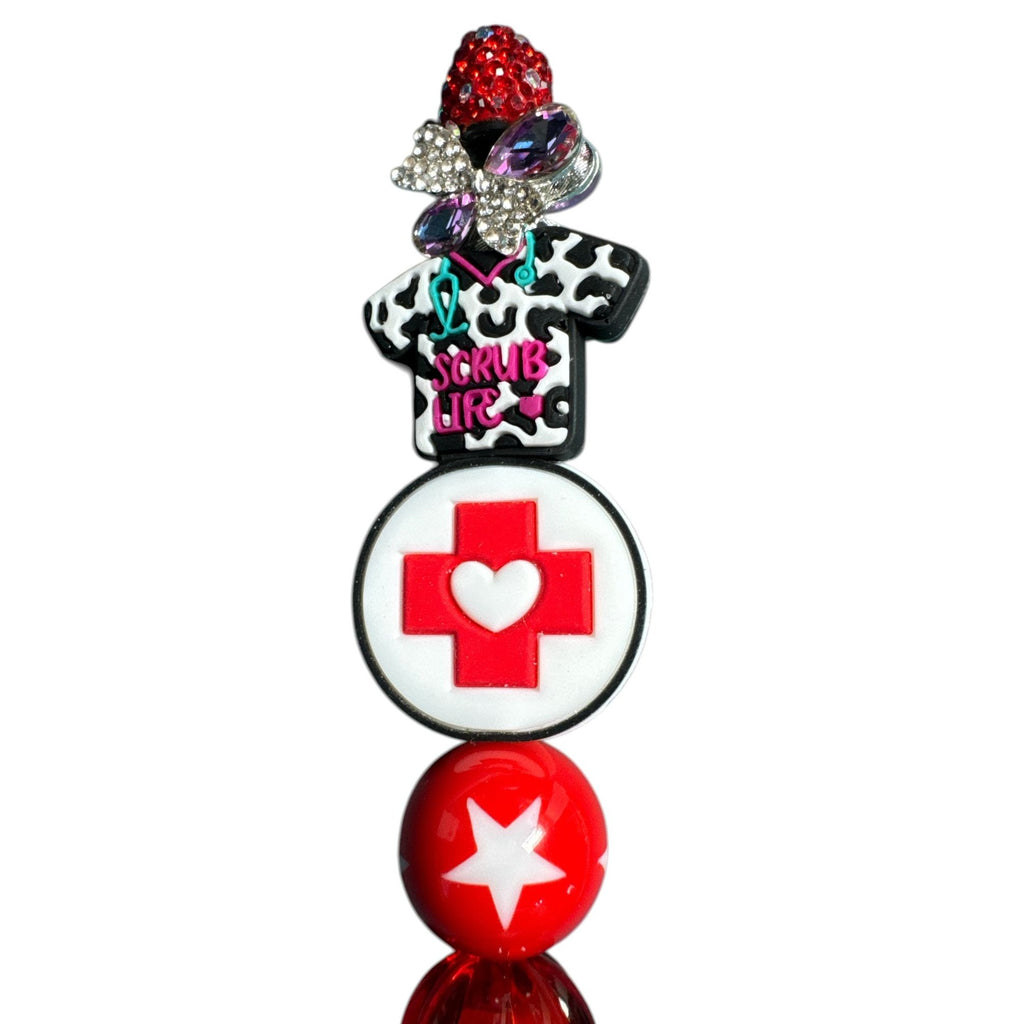 Nurse-Themed Red Rhinestone Ballpoint Pen With "Scrub Life" Charm & Beaded Design