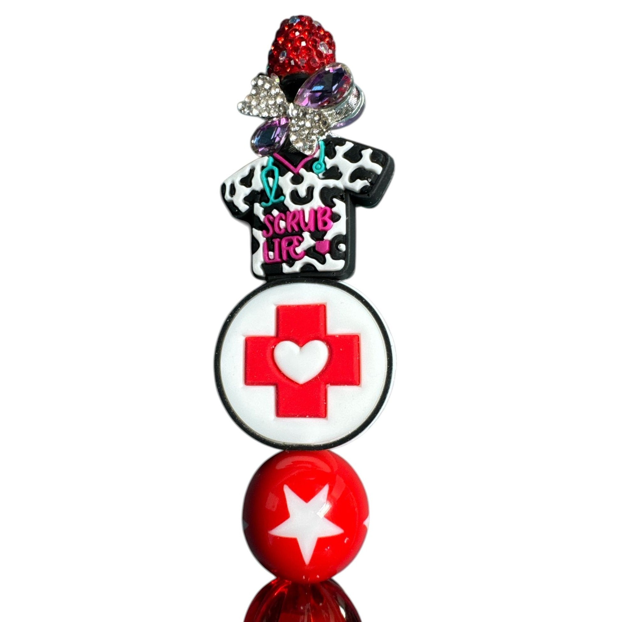 Nurse-Themed Red Rhinestone Ballpoint Pen With "Scrub Life" Charm & Beaded Design