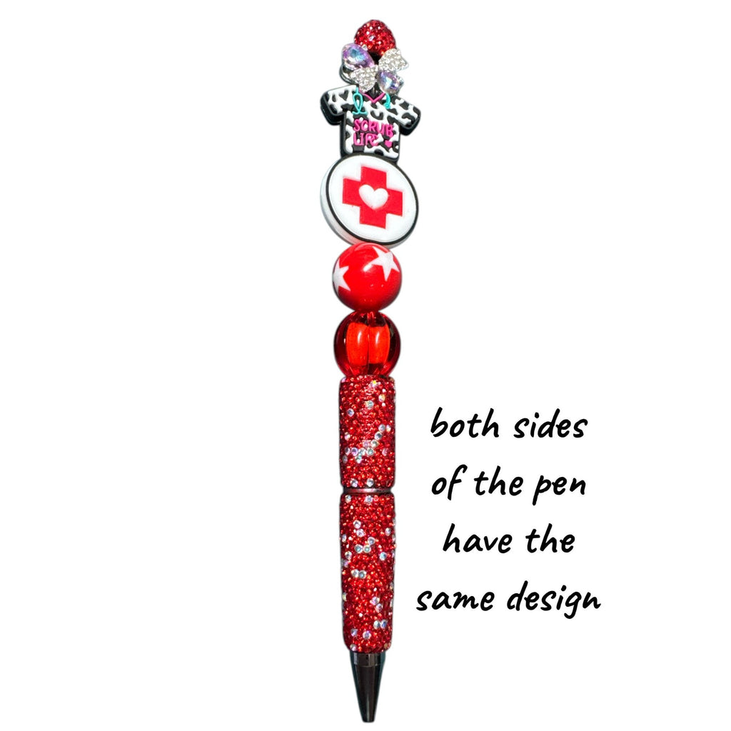 Nurse-Themed Red Rhinestone Ballpoint Pen With "Scrub Life" Charm & Beaded Design