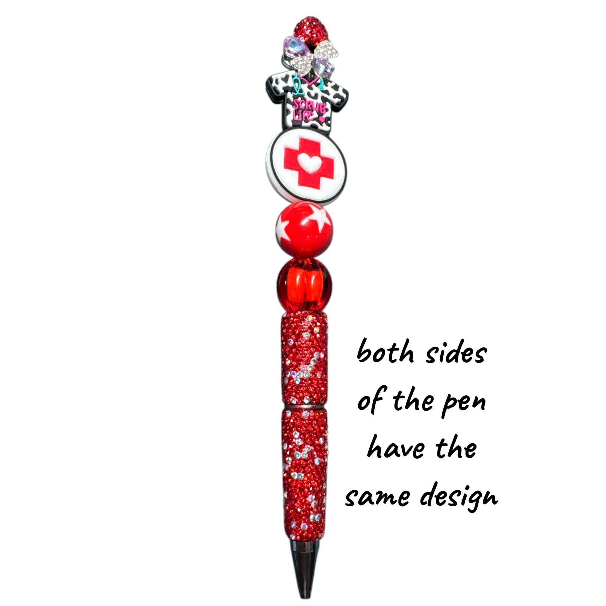 Nurse-Themed Red Rhinestone Ballpoint Pen With "Scrub Life" Charm & Beaded Design
