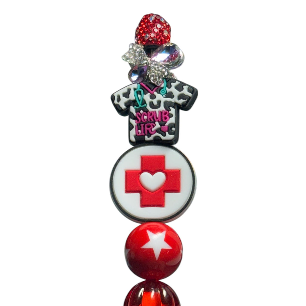 Nurse-Themed Red Rhinestone Ballpoint Pen With "Scrub Life" Charm & Beaded Design