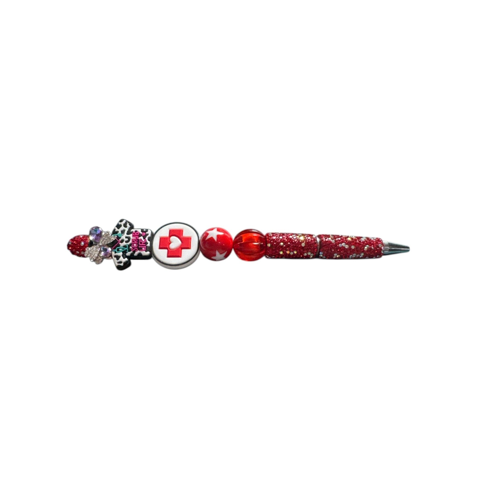 Nurse-Themed Red Rhinestone Ballpoint Pen With "Scrub Life" Charm & Beaded Design