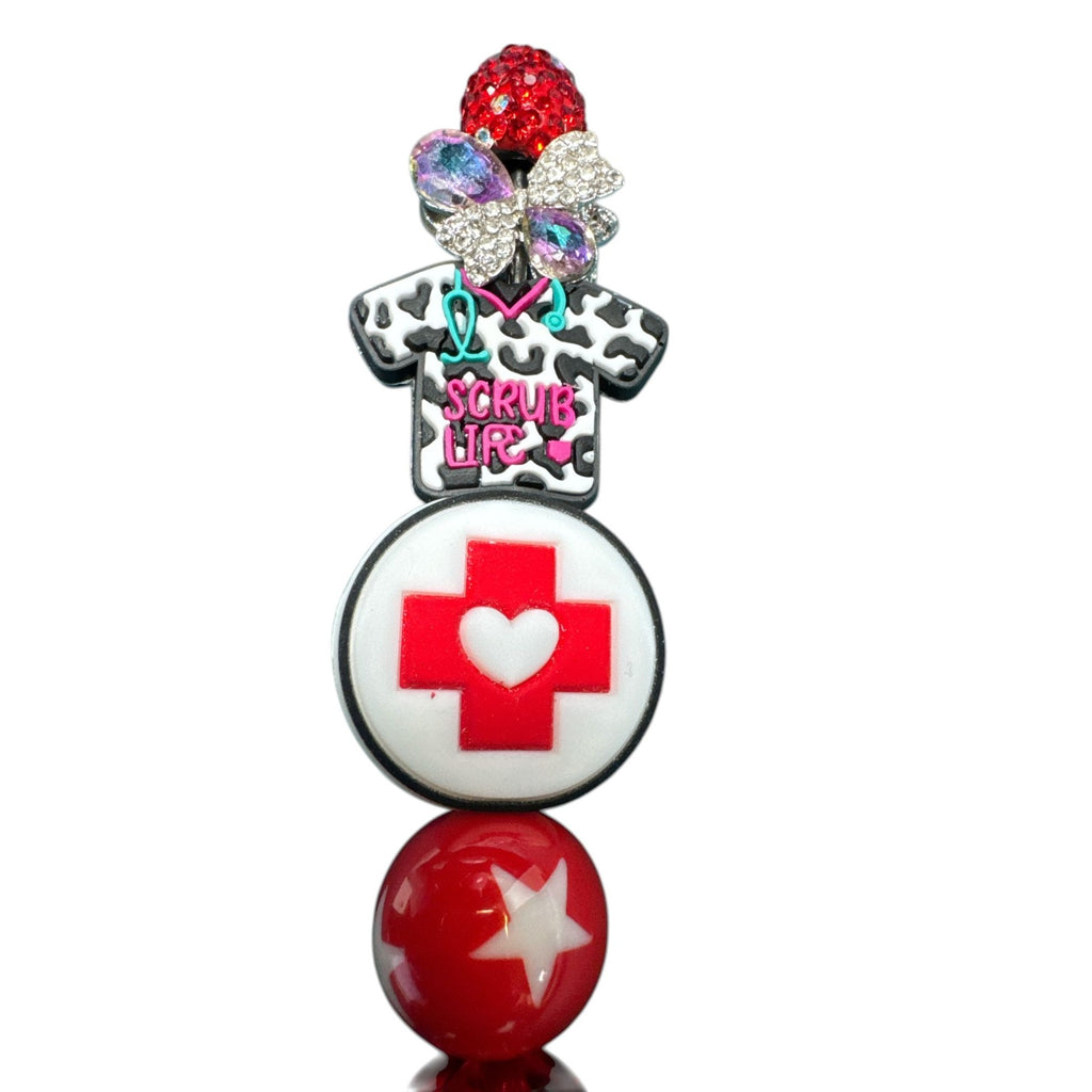 Nurse-Themed Red Rhinestone Ballpoint Pen With "Scrub Life" Charm & Beaded Design