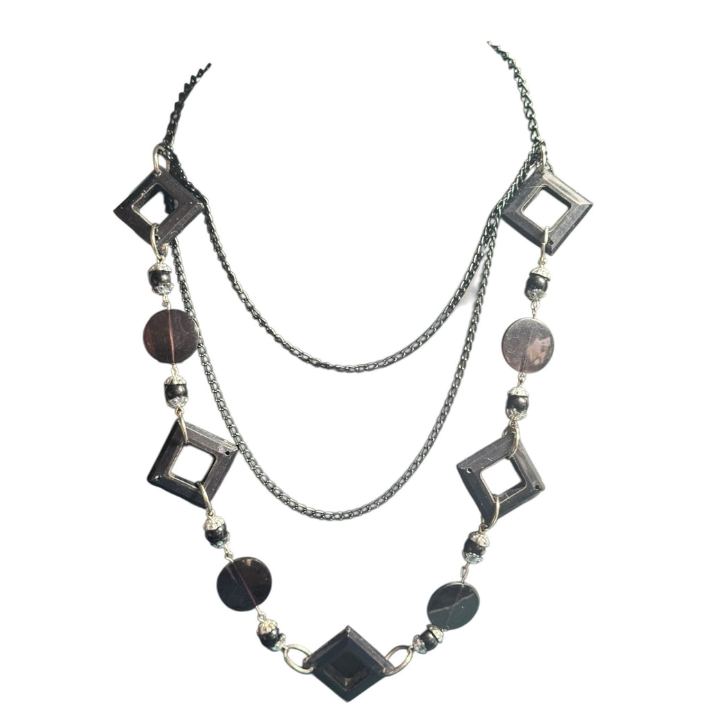 Geometric Black Statement Necklace With Open Squares & Circle Beads Double Layered Chain Design