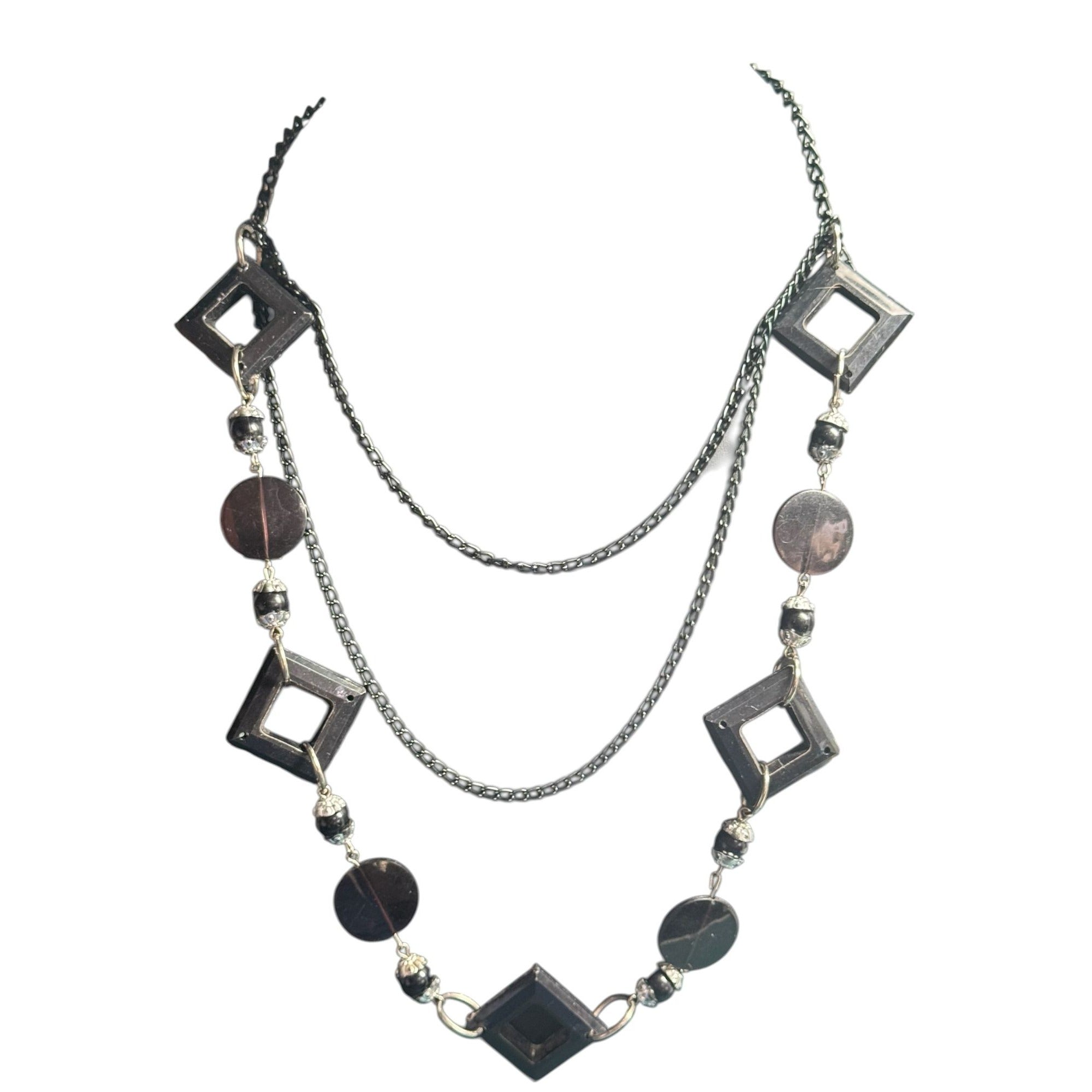Geometric Black Statement Necklace With Open Squares & Circle Beads Double Layered Chain Design