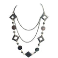 Geometric Black Statement Necklace With Open Squares & Circle Beads Double Layered Chain Design
