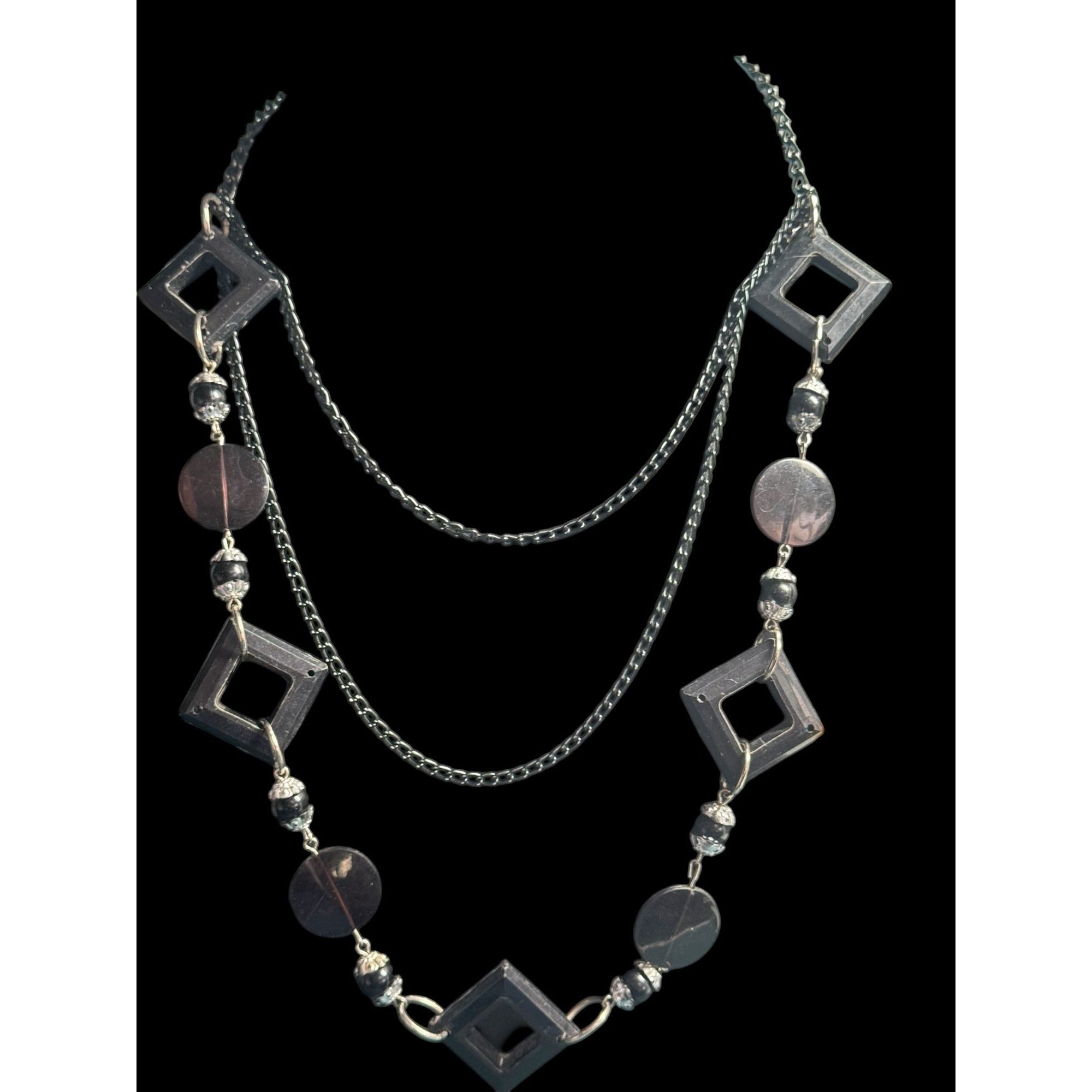 Geometric Black Statement Necklace With Open Squares & Circle Beads Double Layered Chain Design
