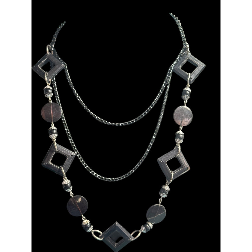 Geometric Black Statement Necklace With Open Squares & Circle Beads Double Layered Chain Design