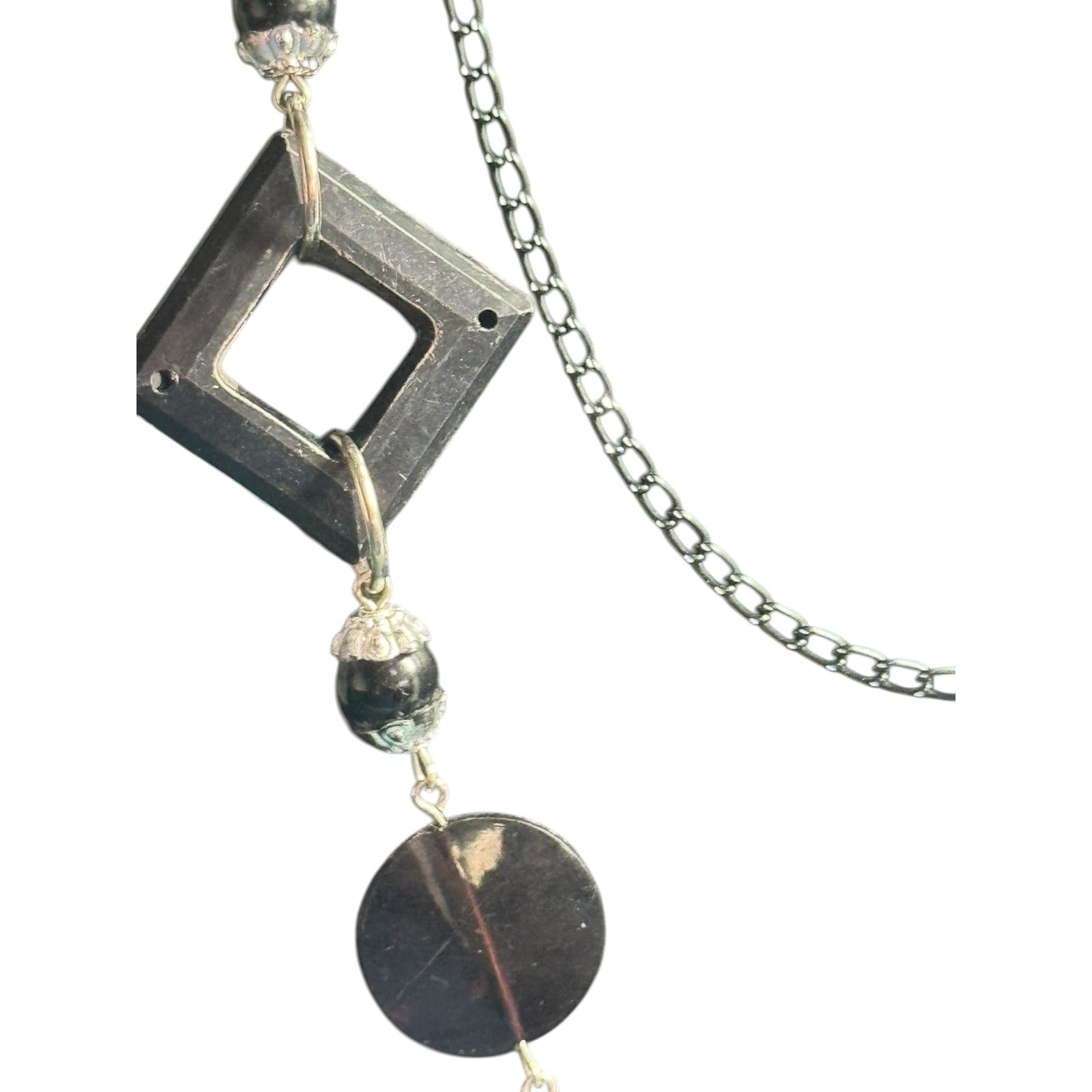 Geometric Black Statement Necklace With Open Squares & Circle Beads Double Layered Chain Design