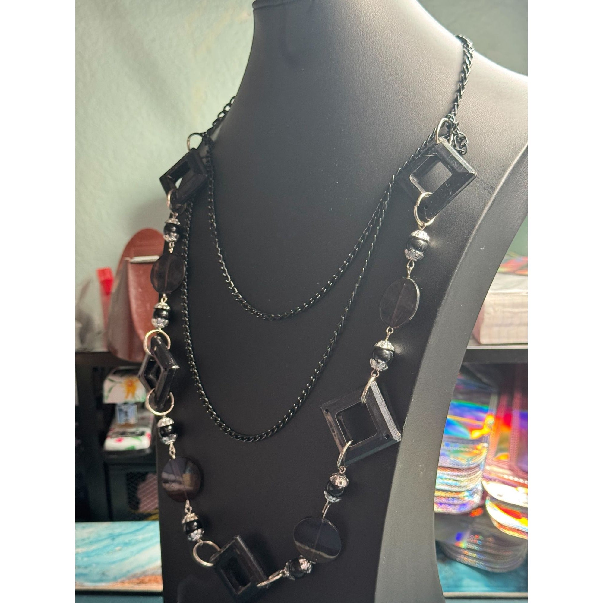 Geometric Black Statement Necklace With Open Squares & Circle Beads Double Layered Chain Design