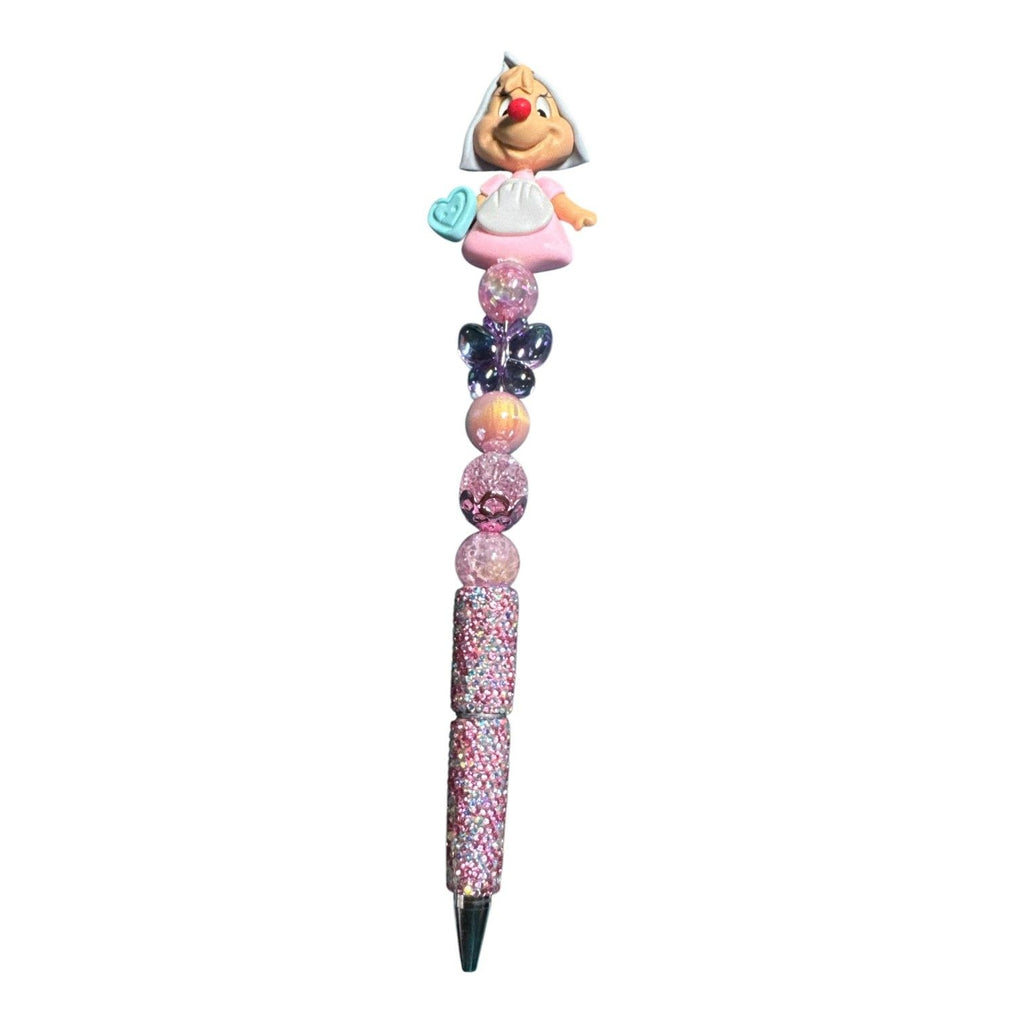 Handmade Cinderella Blind Mice Glitter Ballpoint Pen Top Pink Butterfly & Bead Details Perfect for Kids or Collectors