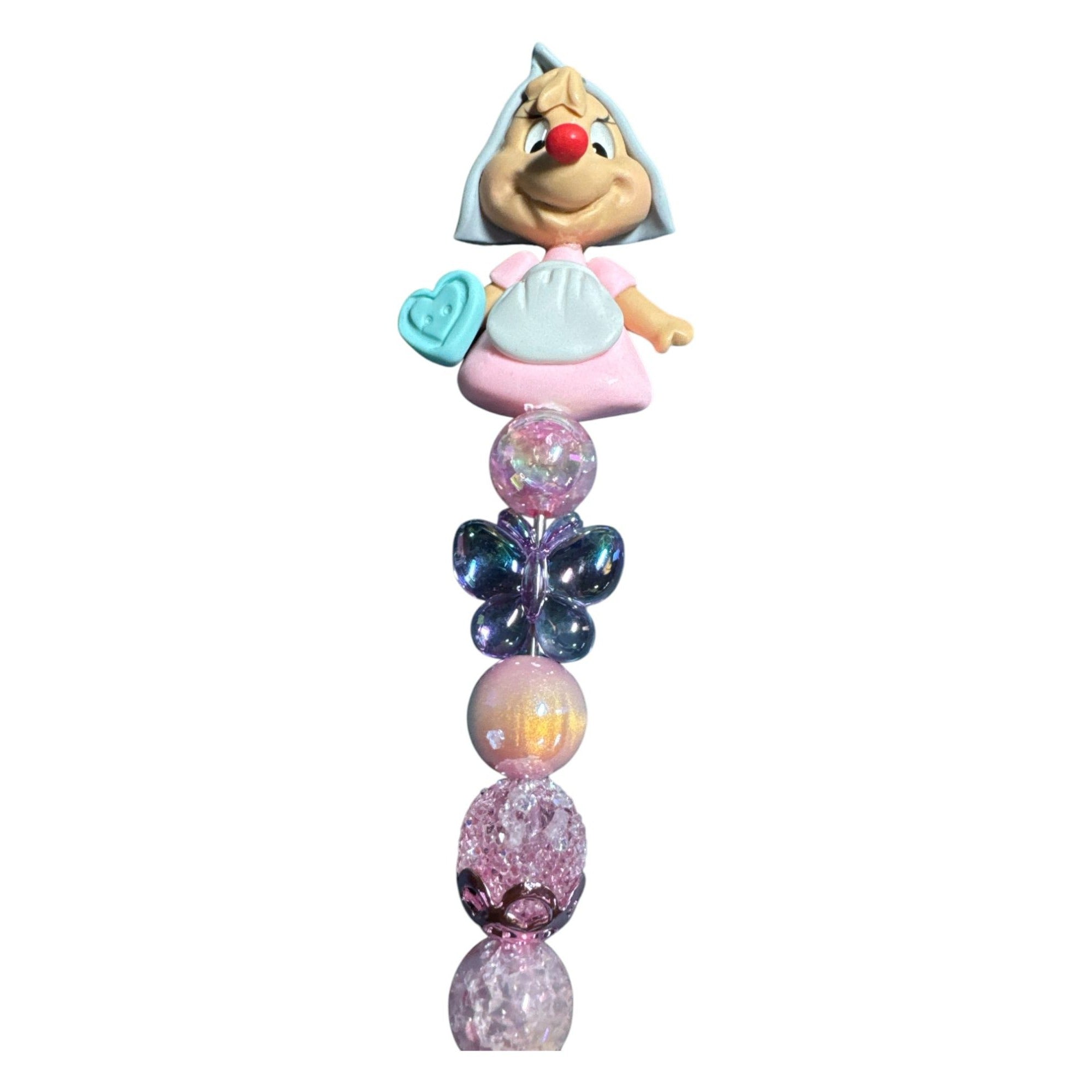 Handmade Cinderella Blind Mice Glitter Ballpoint Pen Top Pink Butterfly & Bead Details Perfect for Kids or Collectors