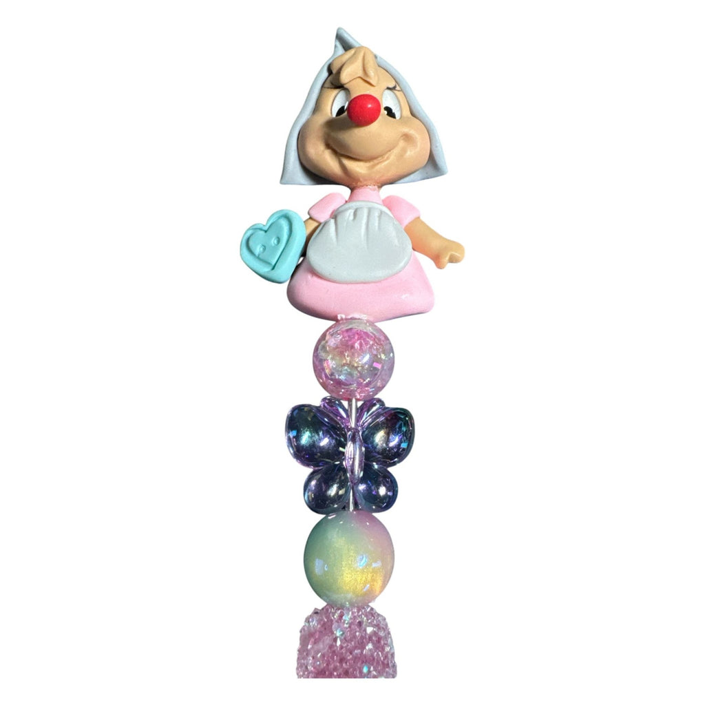 Handmade Cinderella Blind Mice Glitter Ballpoint Pen Top Pink Butterfly & Bead Details Perfect for Kids or Collectors