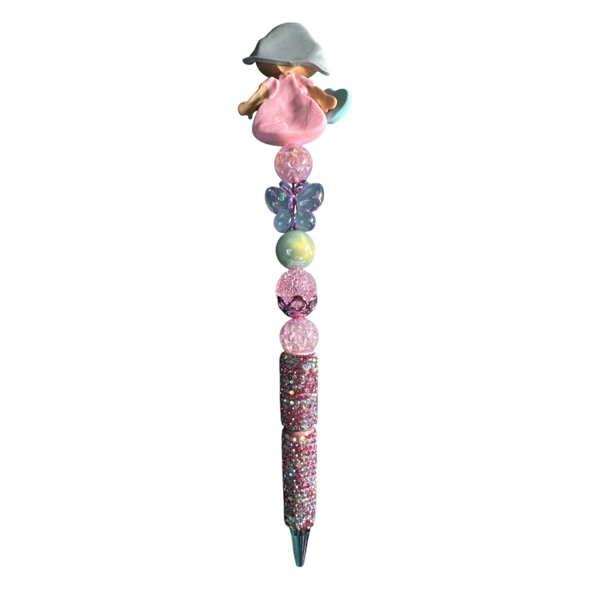Handmade Cinderella Blind Mice Glitter Ballpoint Pen Top Pink Butterfly & Bead Details Perfect for Kids or Collectors