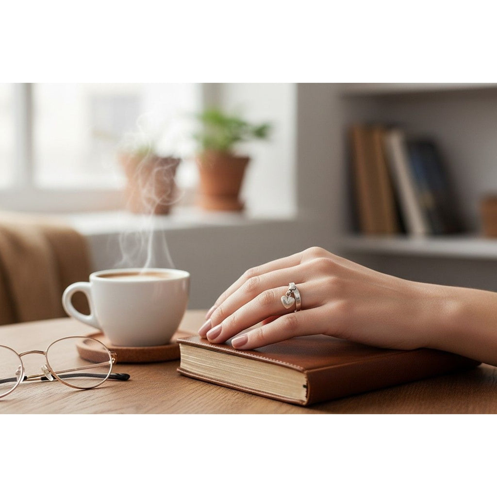 Sterling Silver Heart Ring with Dangling Charm, Size 6.5, Cute Minimalist Jewelry