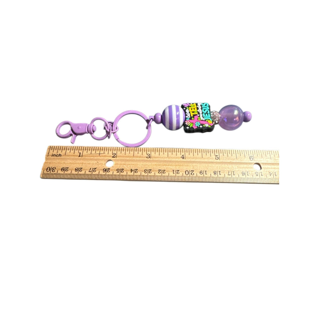 Let Me Tell You About My Jesus Keychain/Lanyard With Purple Beads & Clip