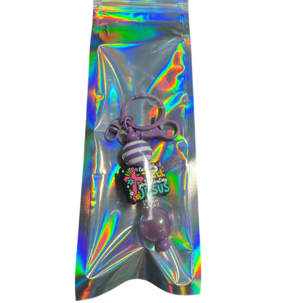 Let Me Tell You About My Jesus Keychain/Lanyard With Purple Beads & Clip