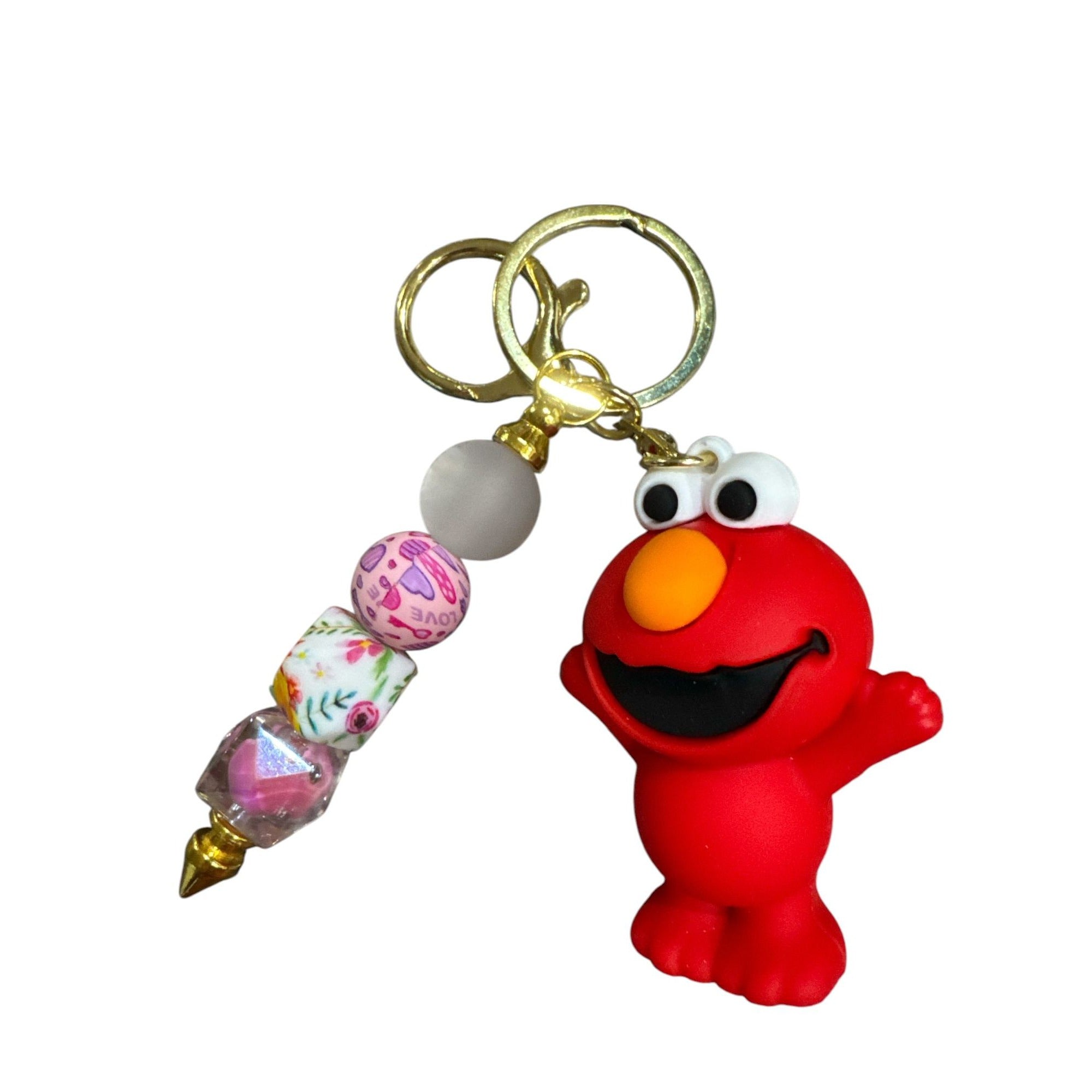 Elmo Keychain With Beaded Charm - Red & Gold - Cute Bag Accessory Or Gift For Kids & Adults