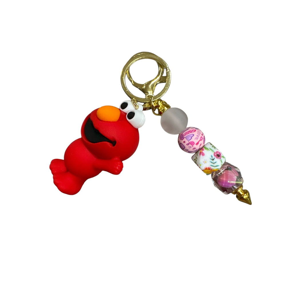 Elmo Keychain With Beaded Charm - Red & Gold - Cute Bag Accessory Or Gift For Kids & Adults