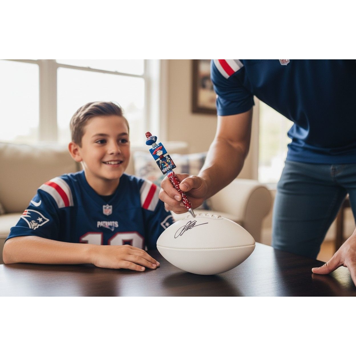 New England Patriots Themed Beaded Glitter Pen With Football & Player Designs