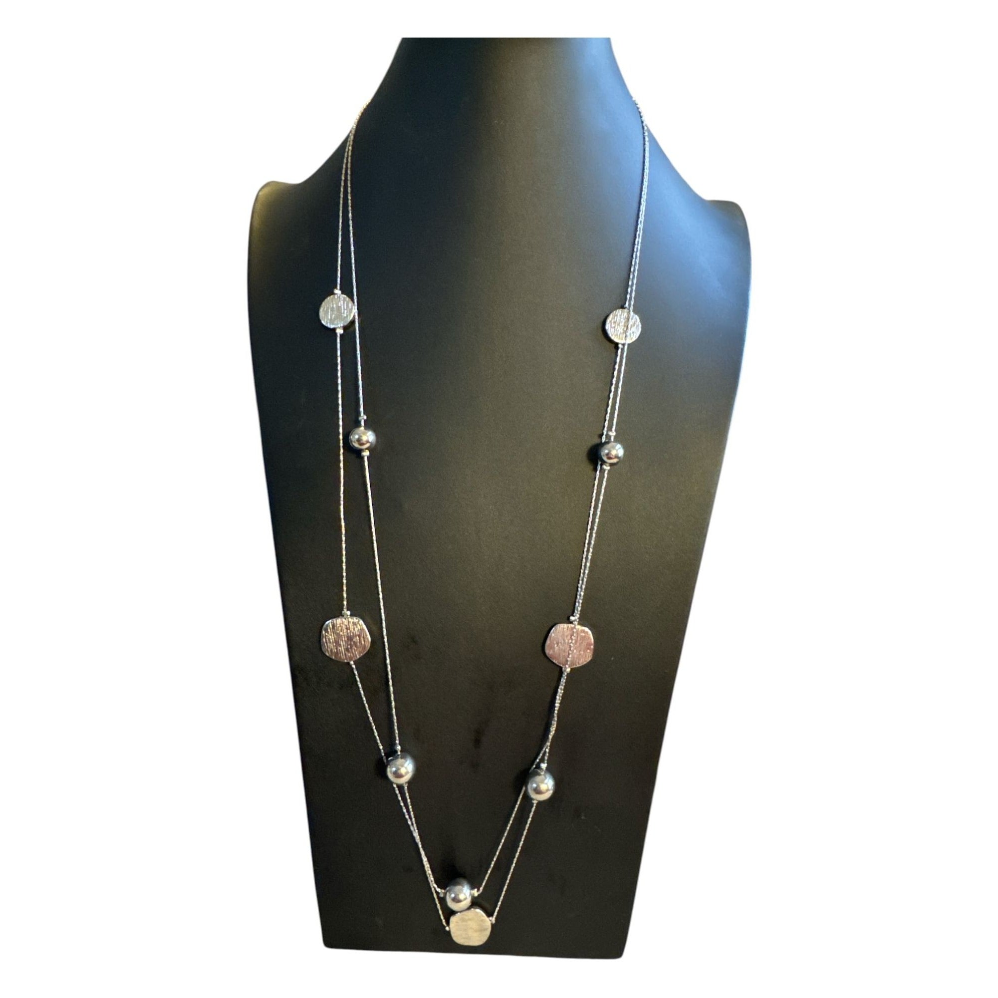 Layered Silver Necklace With Textured Discs & Polished Beads Adjustable Lobster Clasp Closure Elegant Statement Jewelry