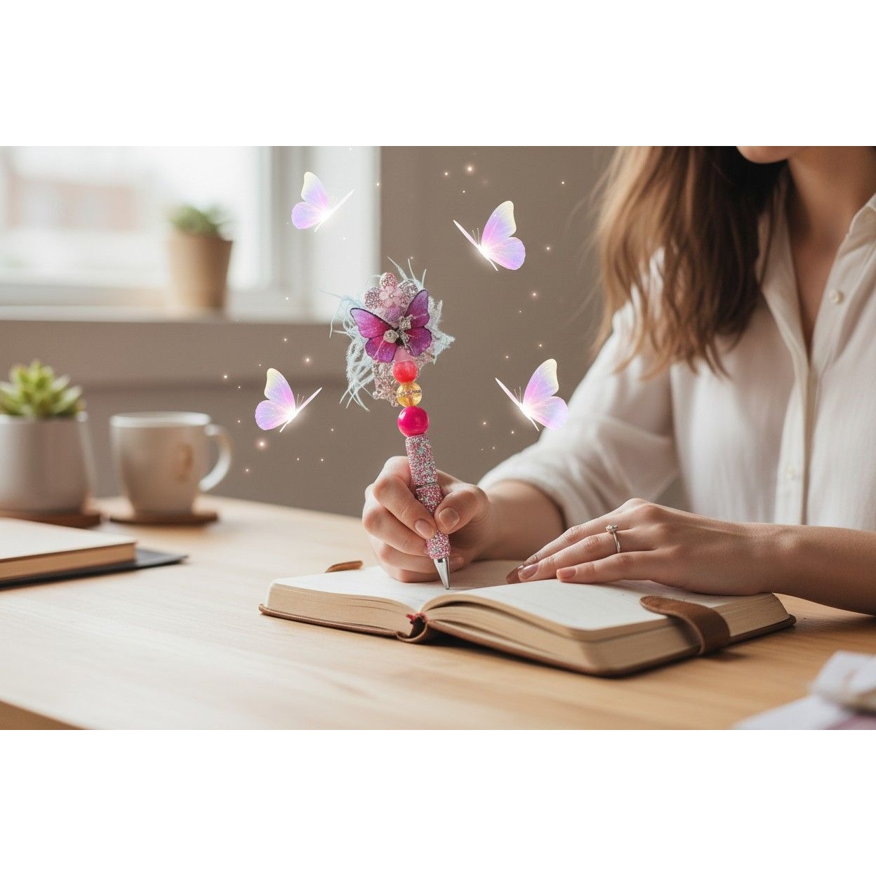 Handcrafted Butterfly-Themed Decorative Ballpoint Pen With Rhinestones & Beaded Accents Pink & Purple Design Ideal For Gifting Or Journaling