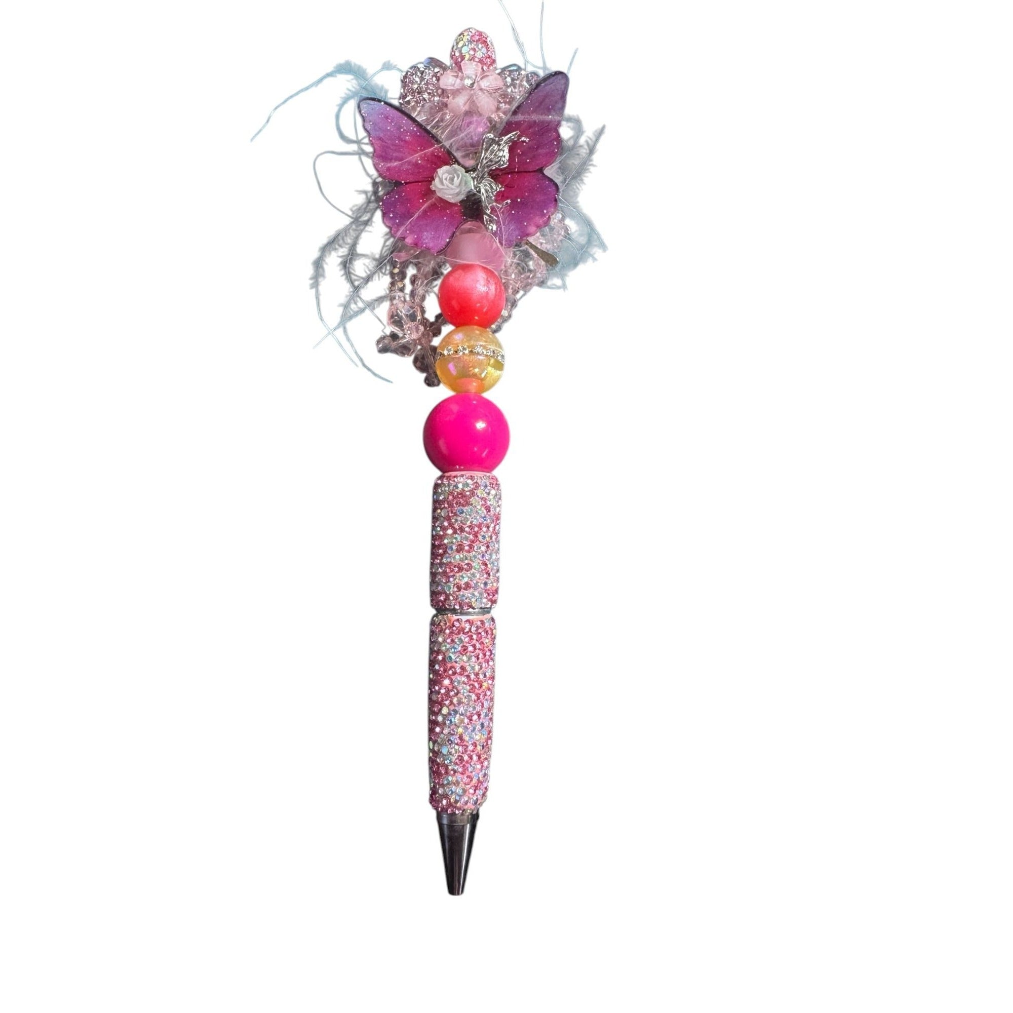 Handcrafted Butterfly-Themed Decorative Ballpoint Pen With Rhinestones & Beaded Accents Pink & Purple Design Ideal For Gifting Or Journaling